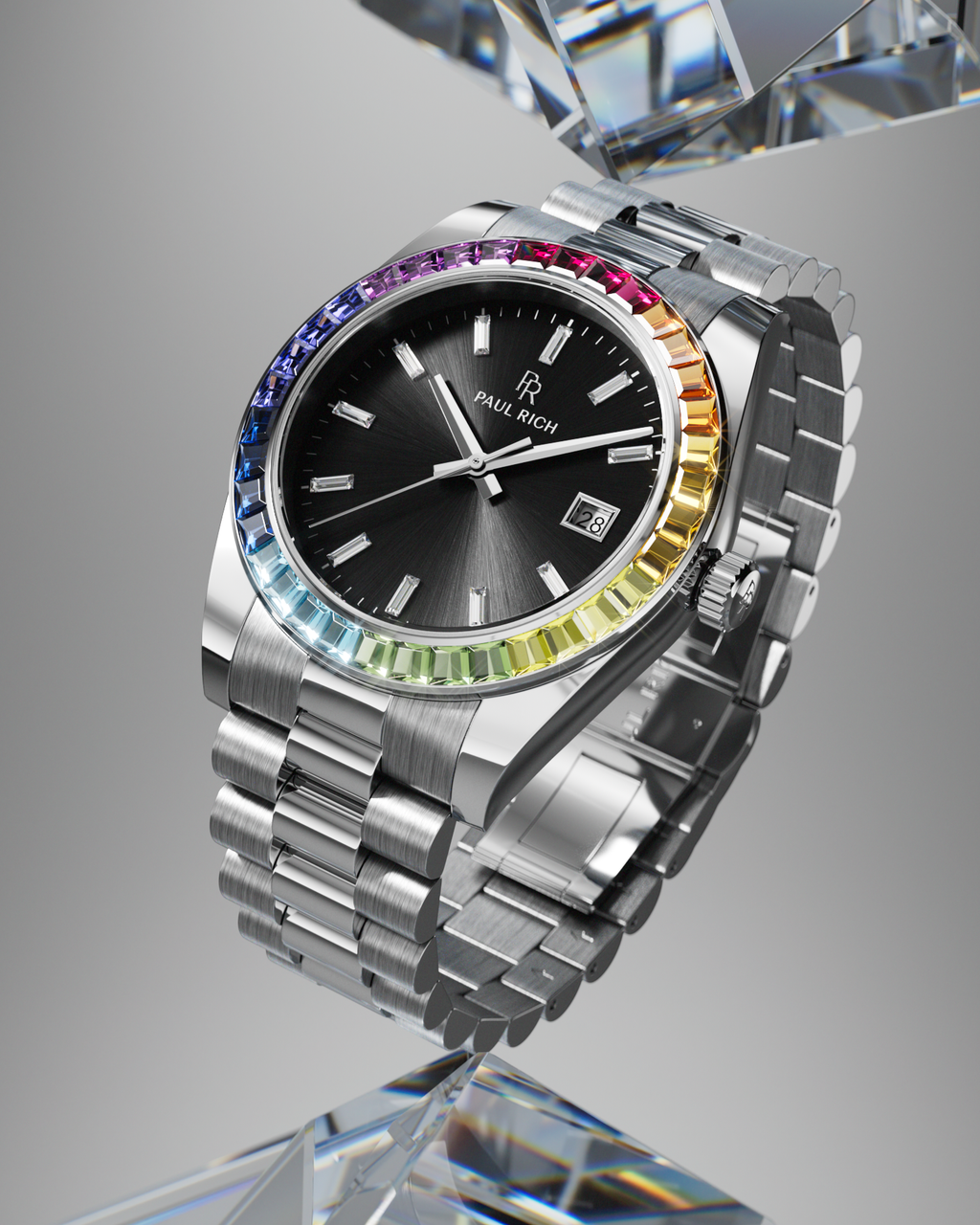 Silver wristwatch with a black sunburst dial, baguette hour markers, and rainbow bezel displayed upright on a clear crystal stand.