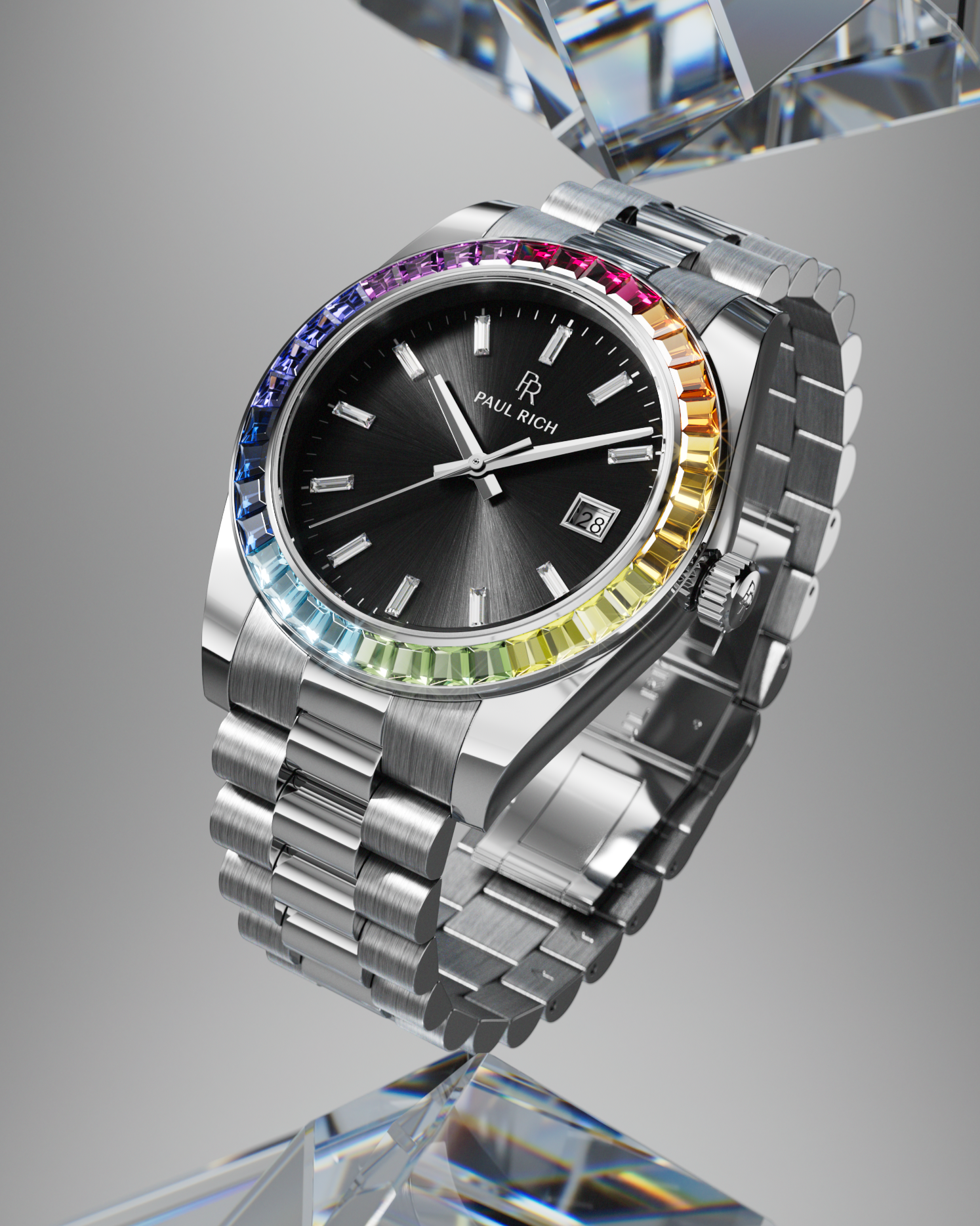 Silver wristwatch with a black sunburst dial, baguette hour markers, and rainbow bezel displayed upright on a clear crystal stand.