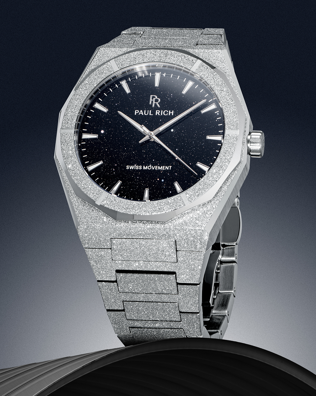 Paul Rich watch with frosted silver case and black aventurine dial, displayed vertically against a gradient background on a dark sculpted base.