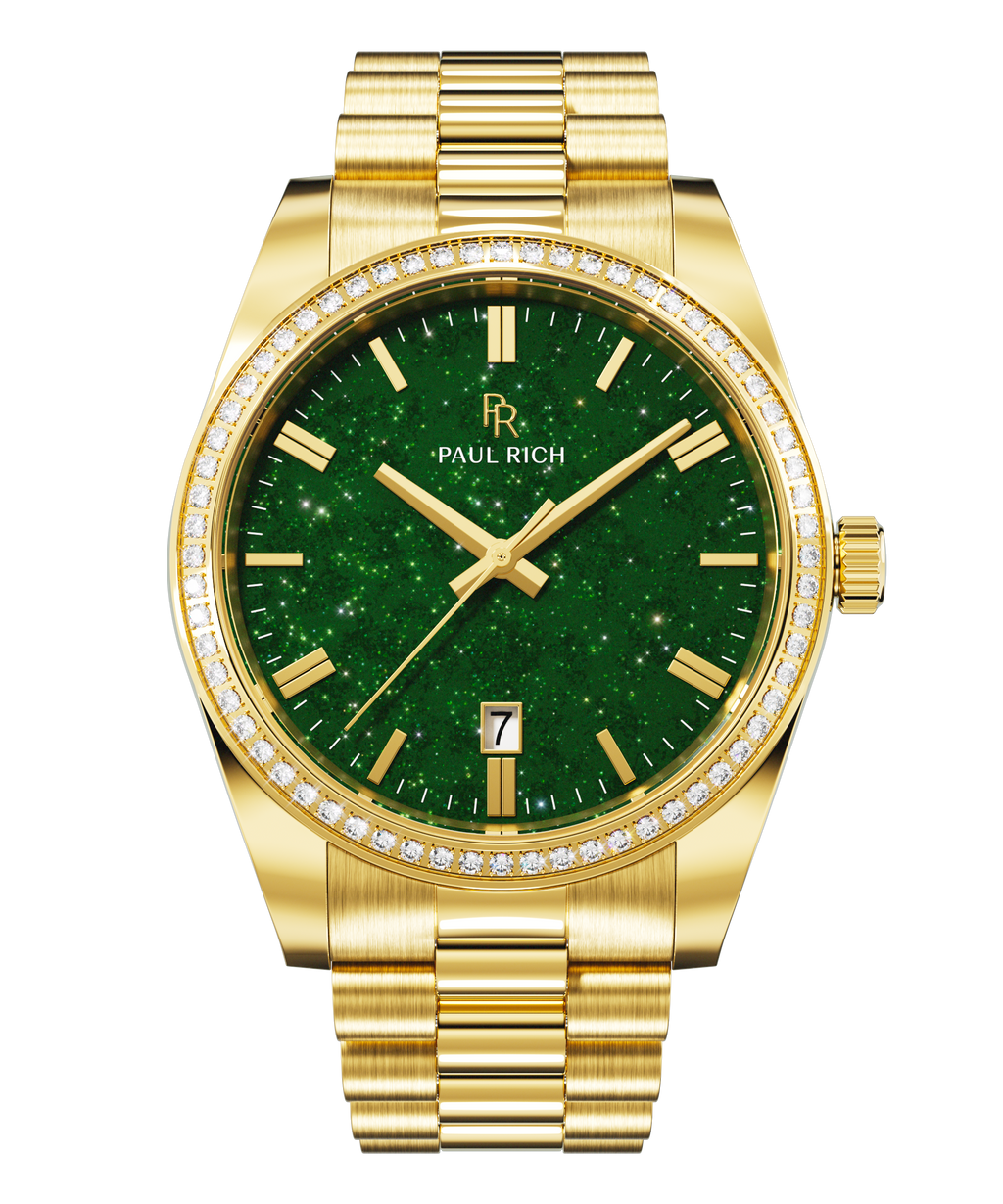 Front view of a gold-tone Paul Rich watch with a sparkling green aventurine dial, diamond-set bezel, gold hour markers and hands, and a gold link bracelet.