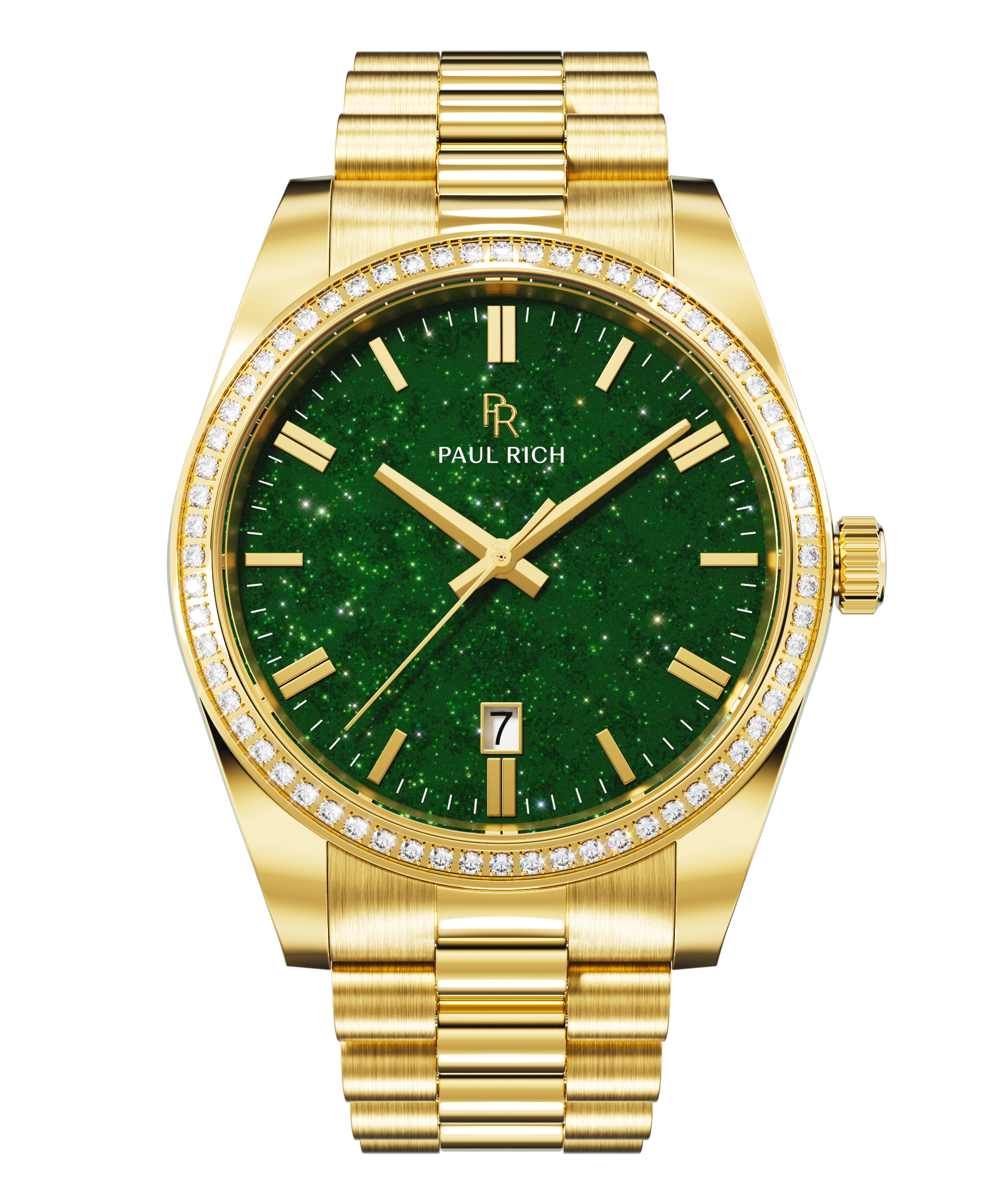 Front view of a gold-tone Paul Rich watch with a sparkling green aventurine dial, diamond-set bezel, gold hour markers and hands, and a gold link bracelet.