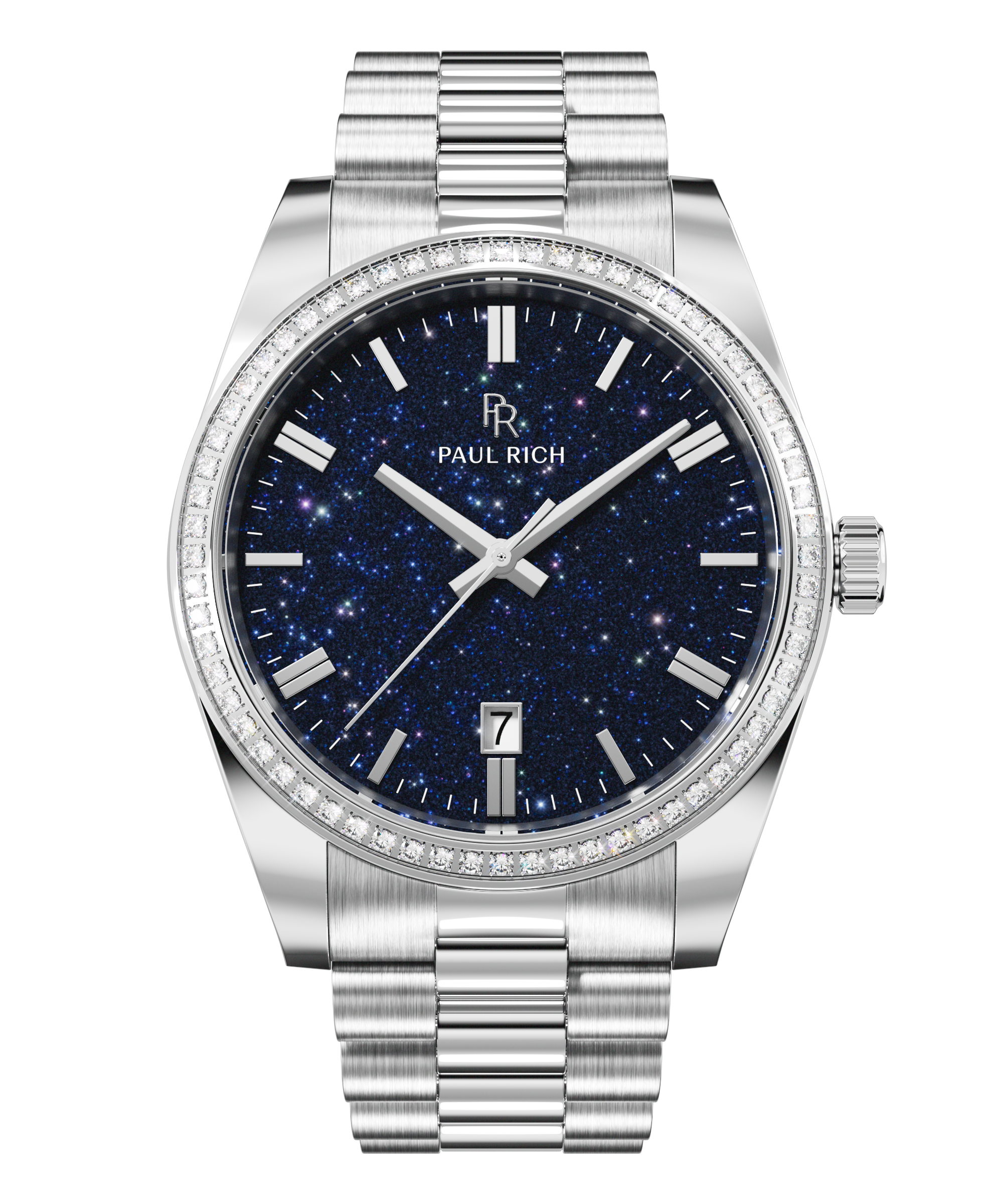 Silver watch with a blue aventurine dial, silver hour markers, date window at 6 o’clock, and crystal-set bezel.