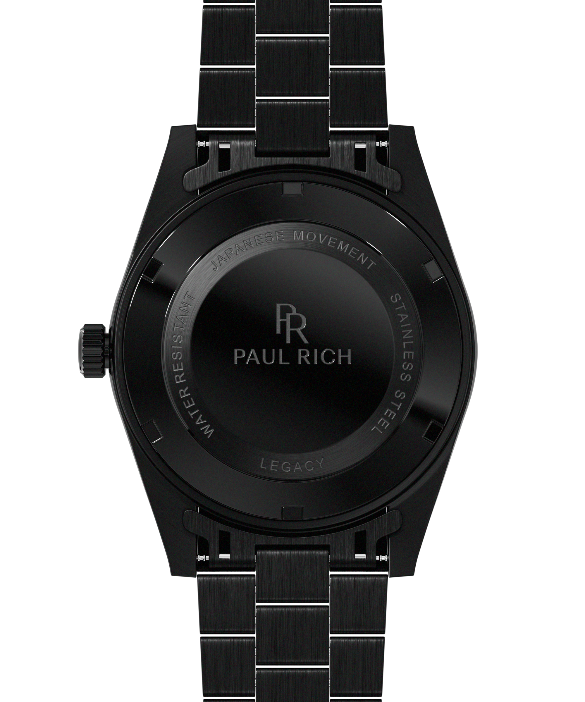 Back view of a black wristwatch with brushed stainless steel case back engraved with Paul Rich branding and product details.