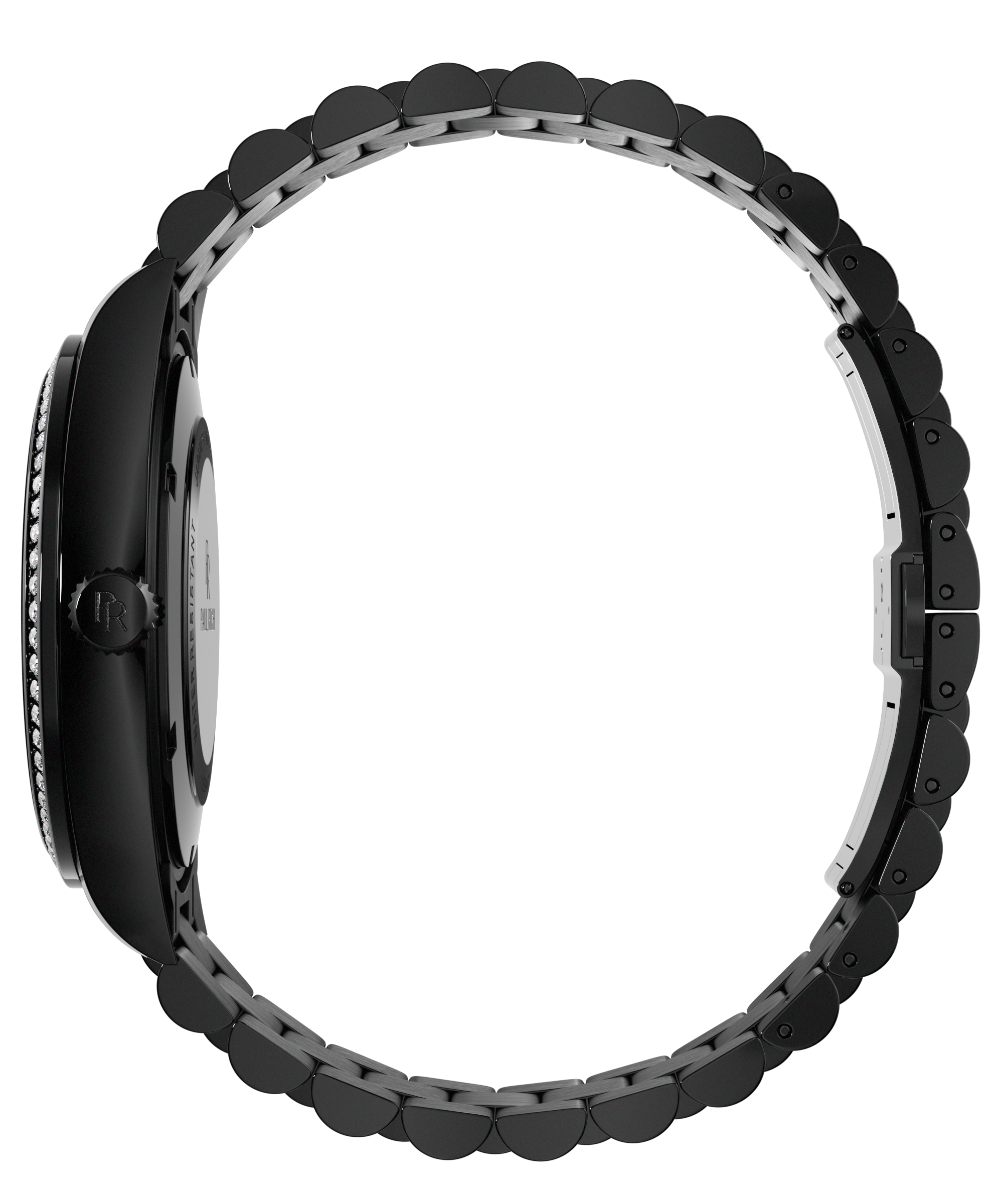 Side view of a black Paul Rich watch with diamond-set bezel, engraved crown, and fully closed black link bracelet, displayed in a circular position.