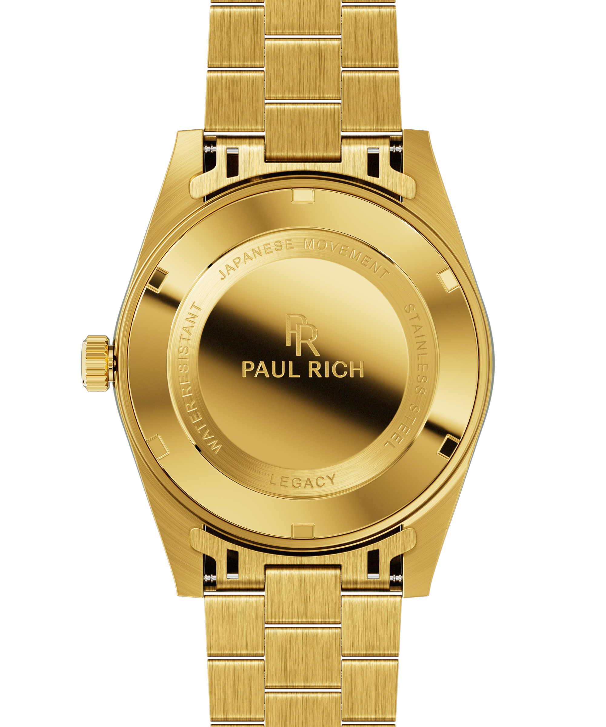 Back view of a gold-tone Paul Rich watch engraved with “Paul Rich,” “Japanese Movement,” “Stainless Steel,” “Water Resistant,” and “Legacy,” shown with a gold link bracelet.