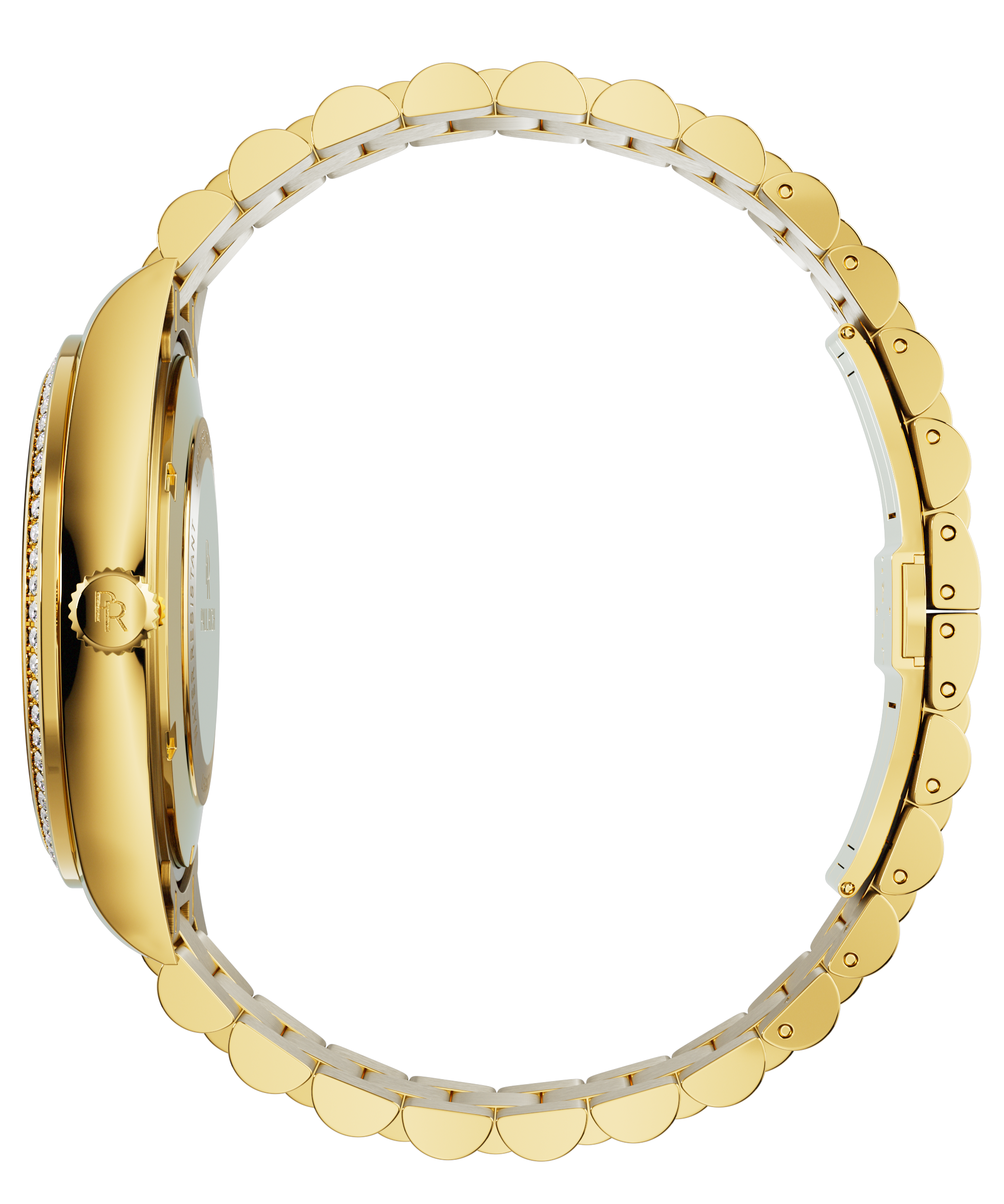 Side view of a gold-tone Paul Rich watch with gem-set bezel, engraved crown, and fully closed gold link bracelet, displayed in a circular position.