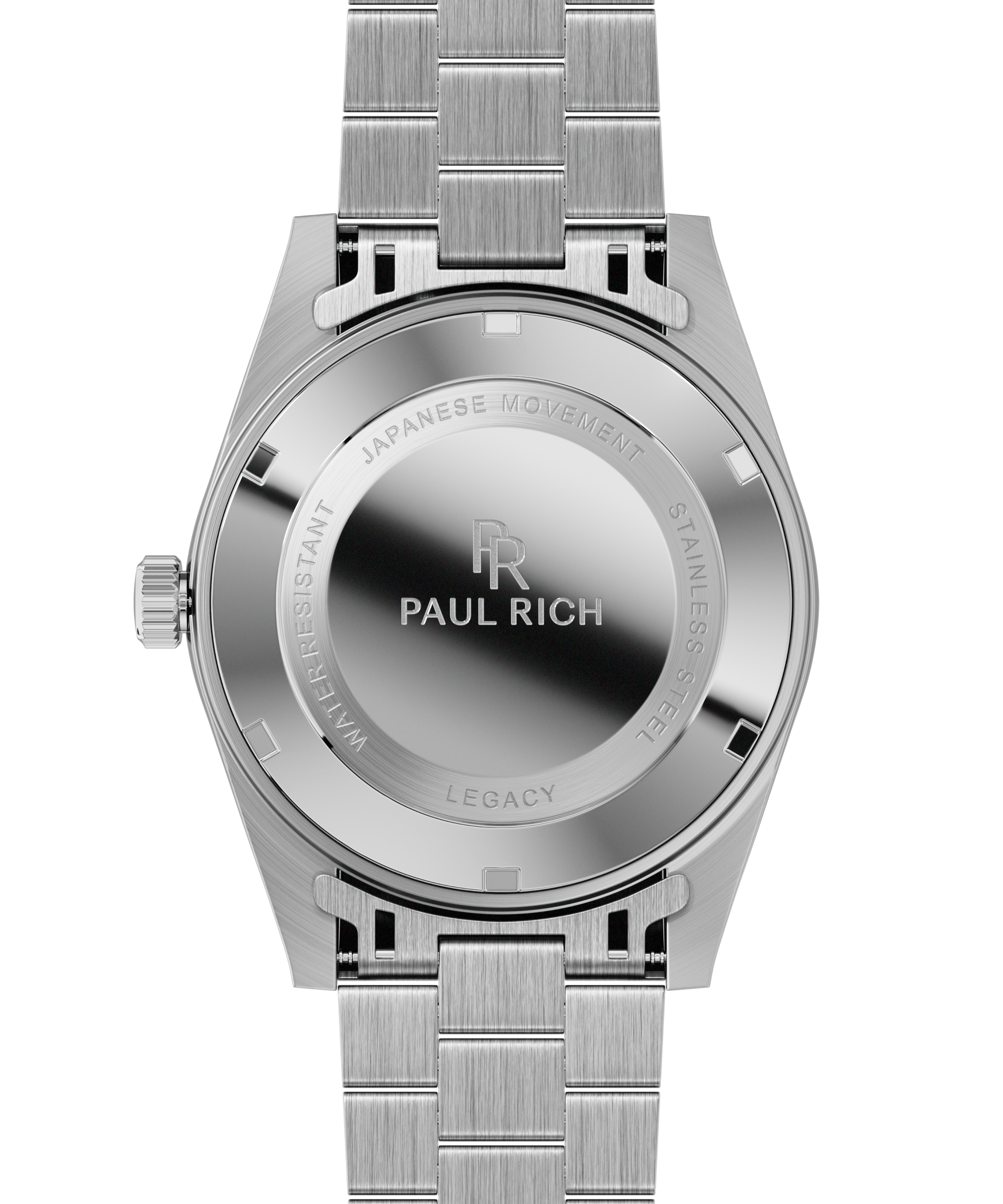 Back view of a silver Paul Rich watch showing a brushed stainless steel case back engraved with branding and product details.