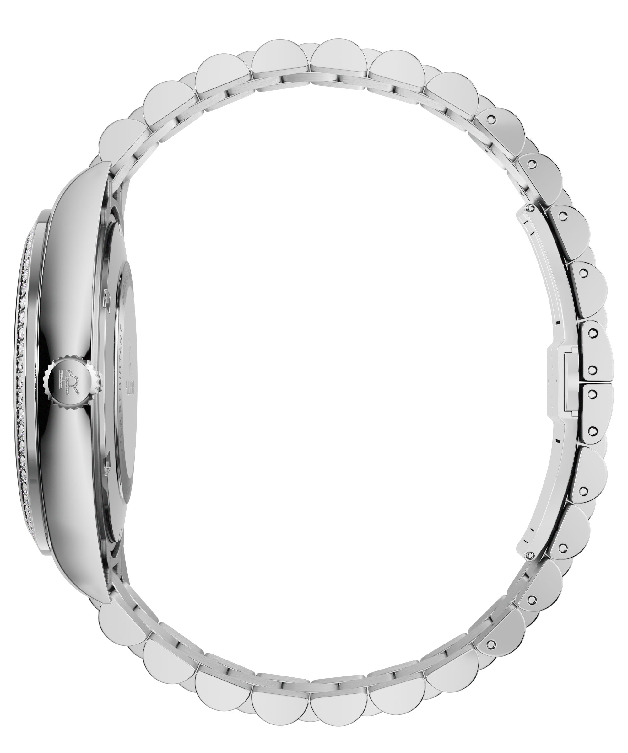Side view of a silver Paul Rich watch showing the crown with engraved logo, slim case profile, and full stainless steel bracelet.