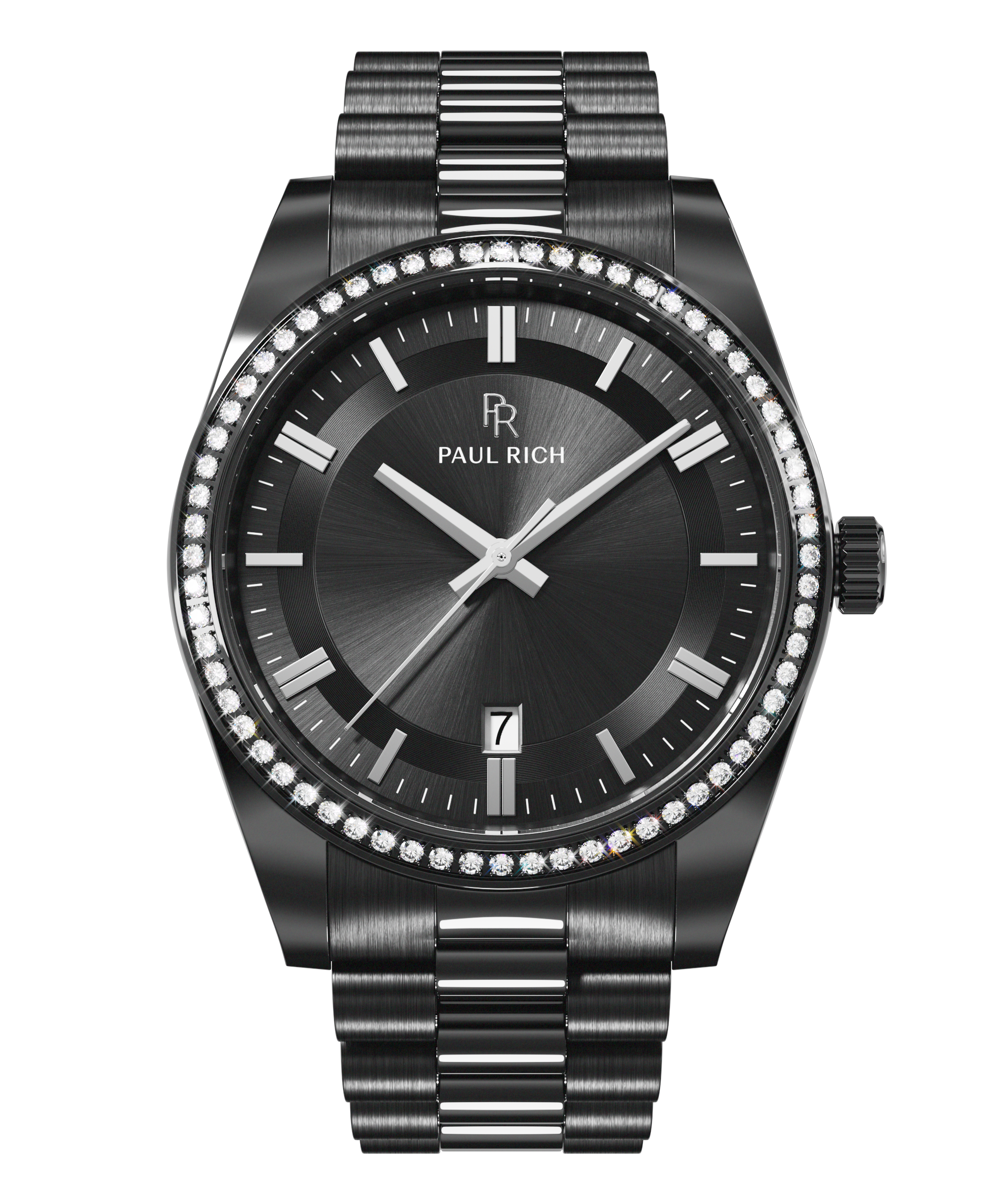 Front view of a black Paul Rich watch with a black sunray dial, diamond-set bezel, silver-tone hour markers and hands, date display at 6 o'clock, and a black and silver metal bracelet.