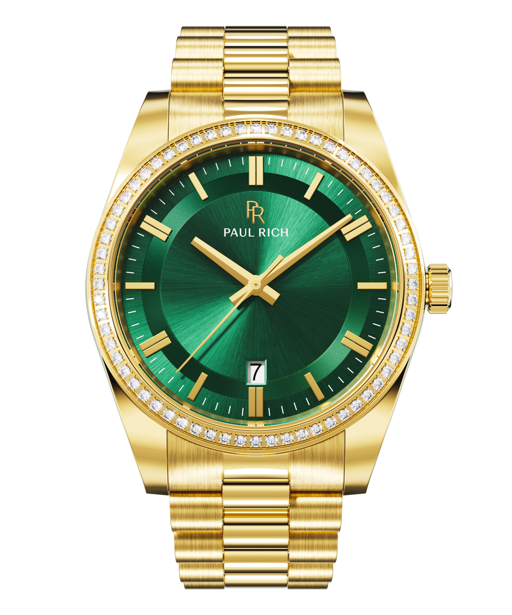 Front view of a gold-tone Paul Rich watch with a green sunray dial, diamond-set bezel, gold hour markers and hands, date display at 6 o'clock, and gold link bracelet.