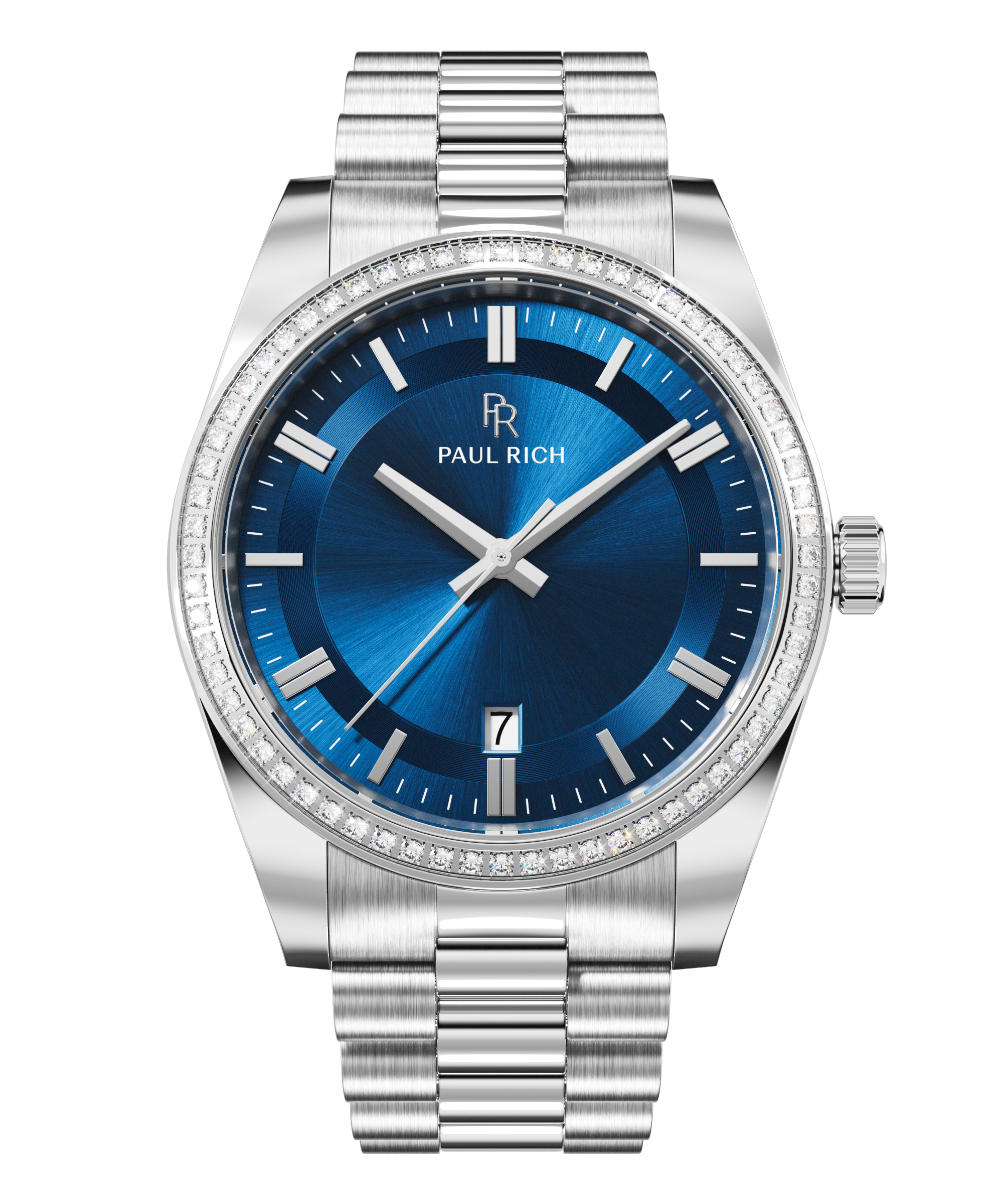 Front view of a silver-tone Paul Rich watch with deep blue sunray dial, diamond-set bezel, silver hour markers and hands, date display at 6 o'clock, and silver link bracelet.