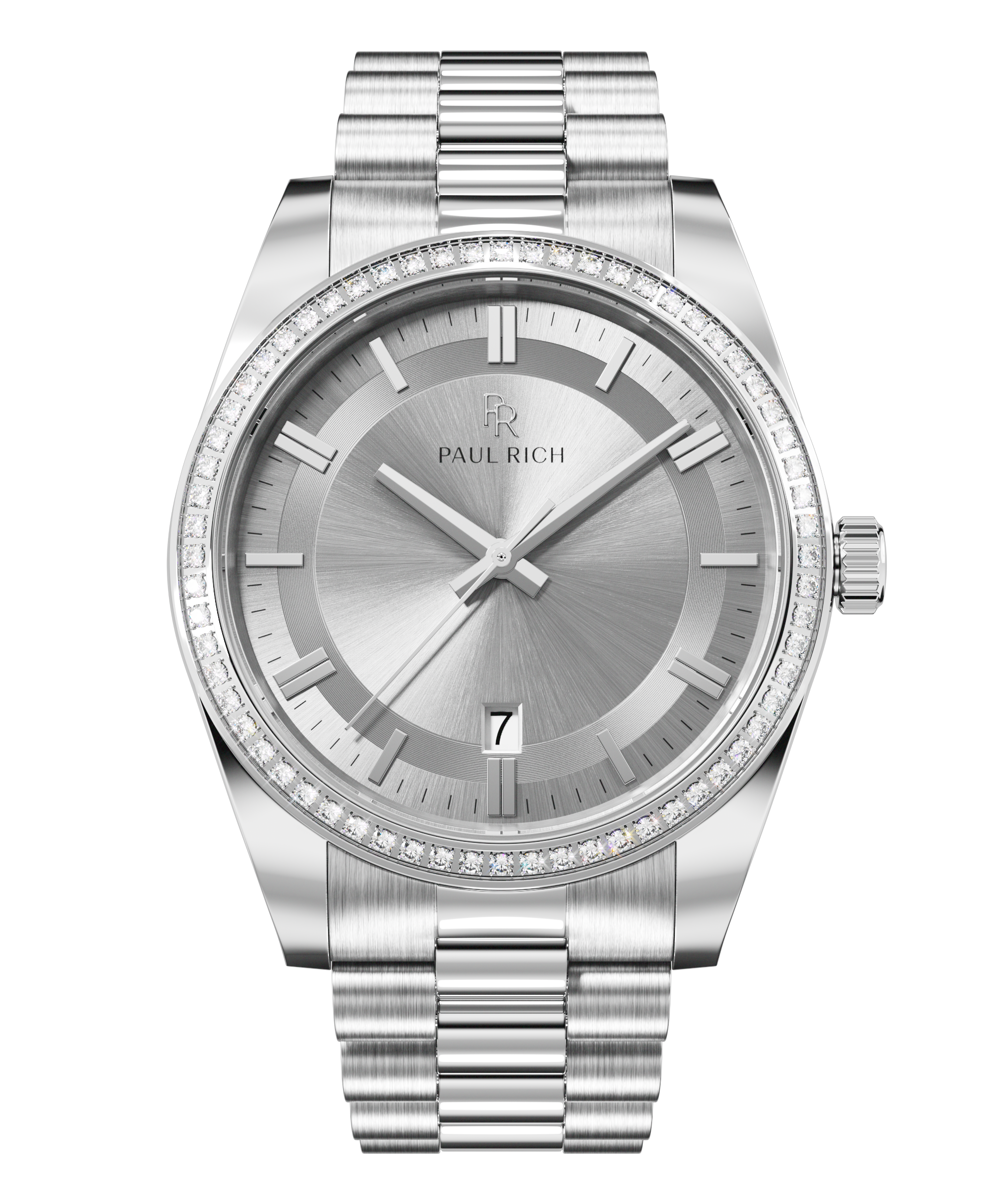 Front view of a silver-tone Paul Rich watch with silver sunray dial, diamond-set bezel, silver hour markers and hands, date display at 6 o'clock, and silver link bracelet.