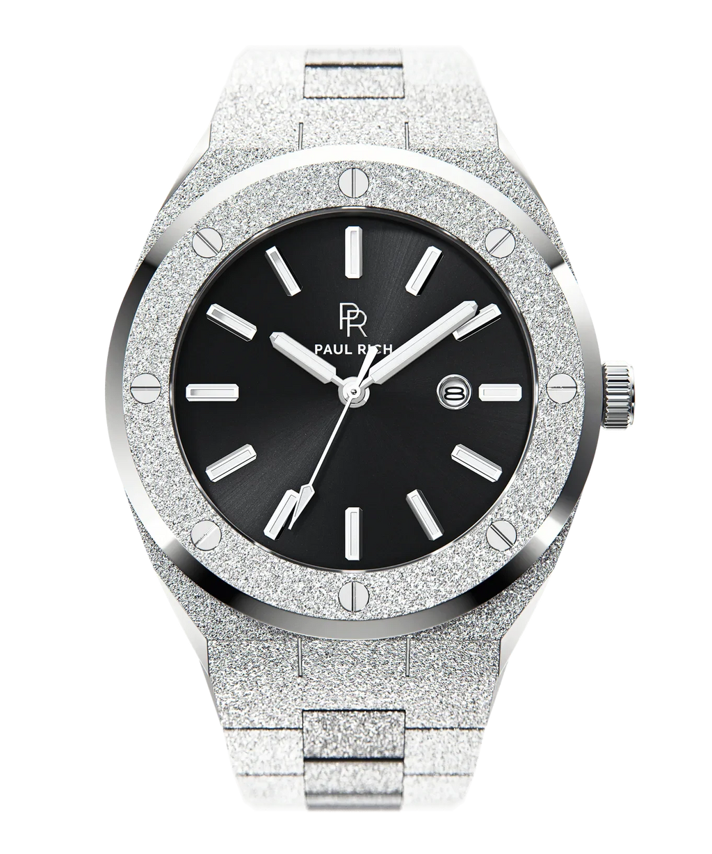 Paul Rich watch with round frosted silver case and bracelet, metallic black sunray dial, silver hour markers, and date window, shown on transparent background.