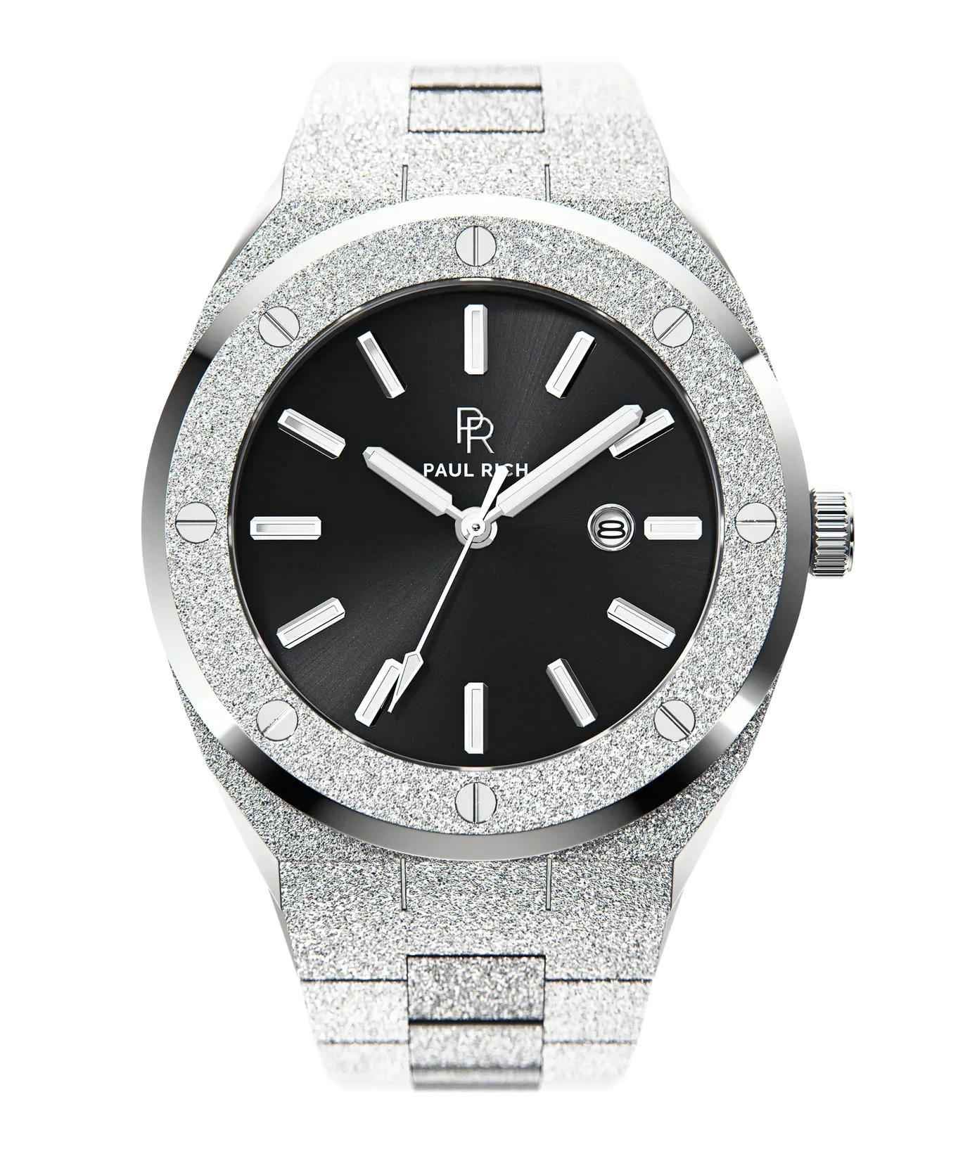 Paul Rich watch with round frosted silver case and bracelet, metallic black sunray dial, silver hour markers, and date window, shown on transparent background.