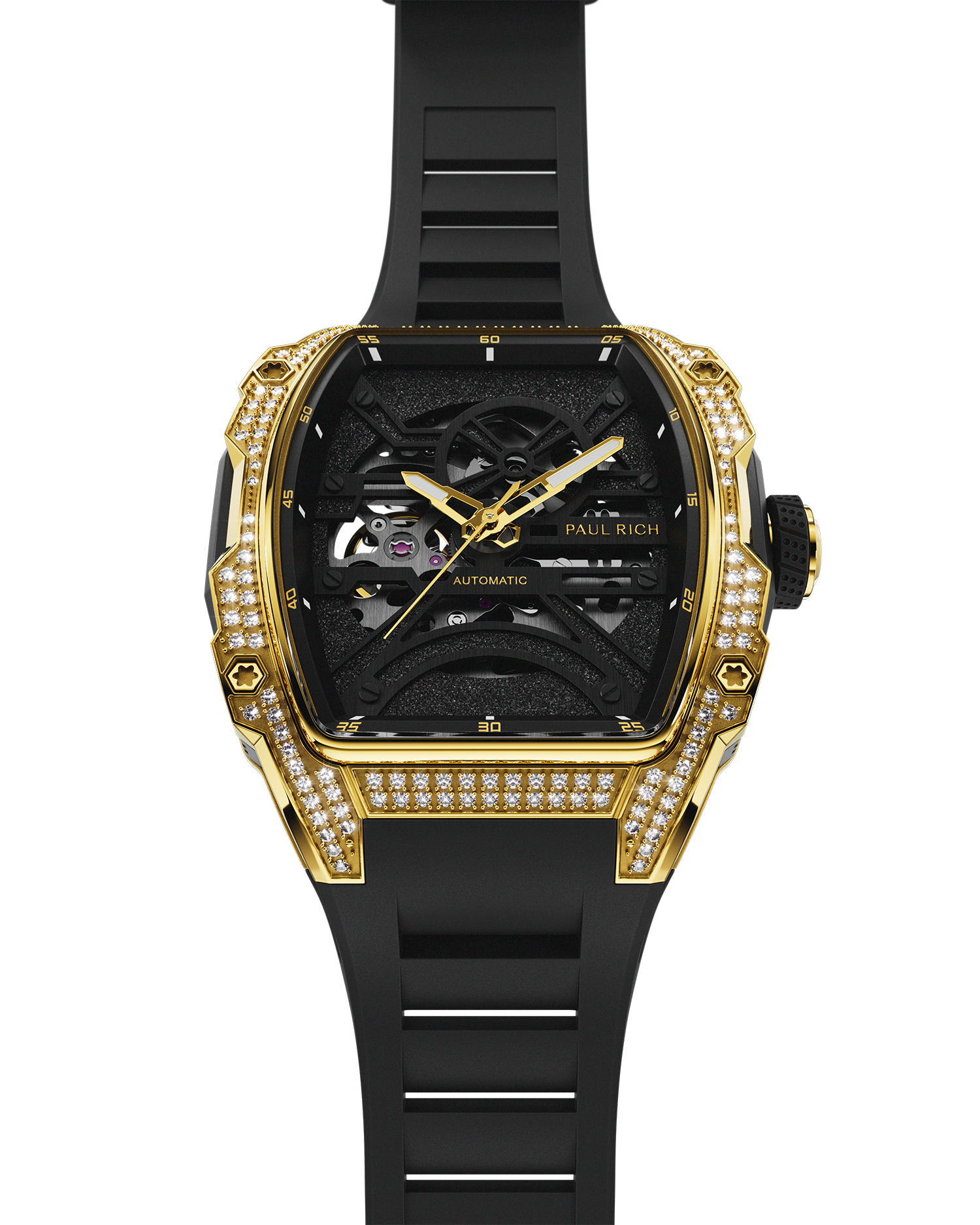 Gold tonneau-shaped wristwatch with skeleton dial, crystal-set bezel, black textured baseplate, and black rubber strap shown vertically on a transparent background.