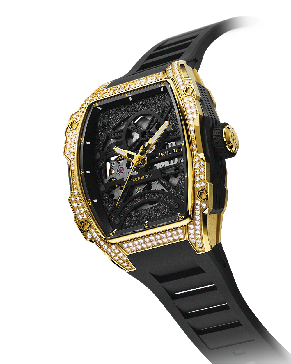 Paul Rich gold tonneau watch with black skeleton dial, diamond-set bezel, and black rubber strap, shown at an angle on transparent background.