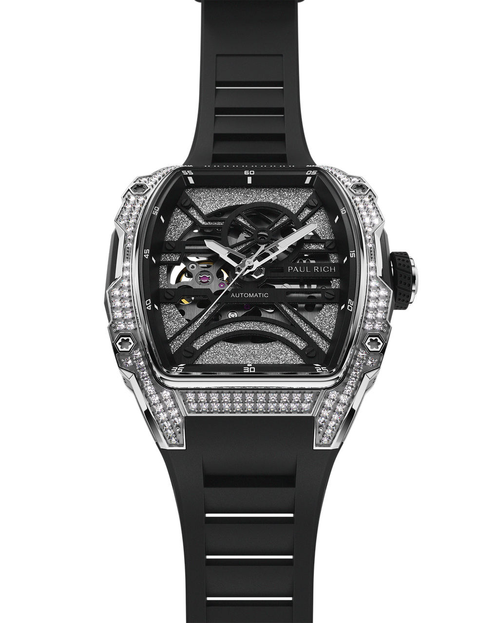 Black tonneau-shaped wristwatch with an open skeleton dial, crystal-set bezel, textured metallic baseplate, and black rubber strap shown vertically.