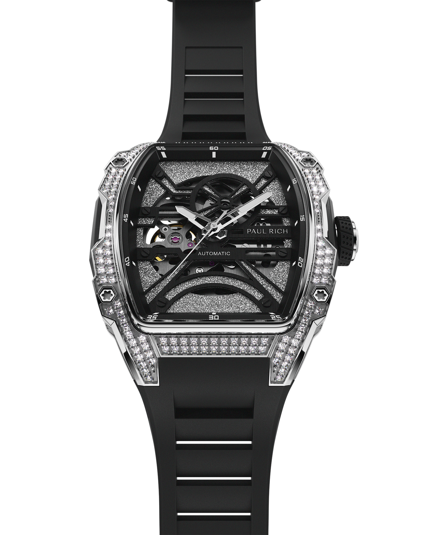 Black tonneau-shaped wristwatch with an open skeleton dial, crystal-set bezel, textured metallic baseplate, and black rubber strap shown vertically.