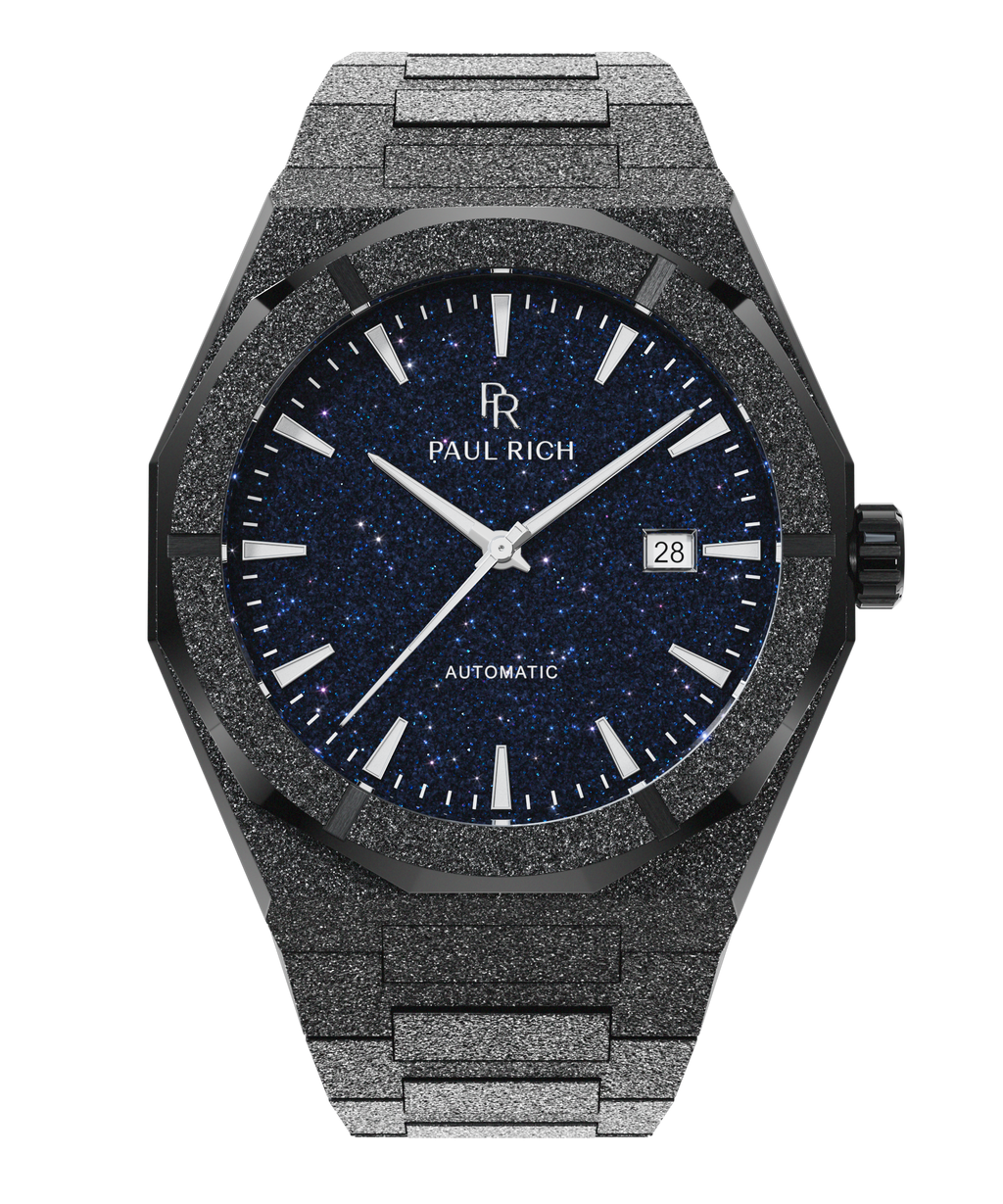 Black frosted Paul Rich watch with deep blue aventurine dial, silver hands and markers, and date display at 3 o'clock.