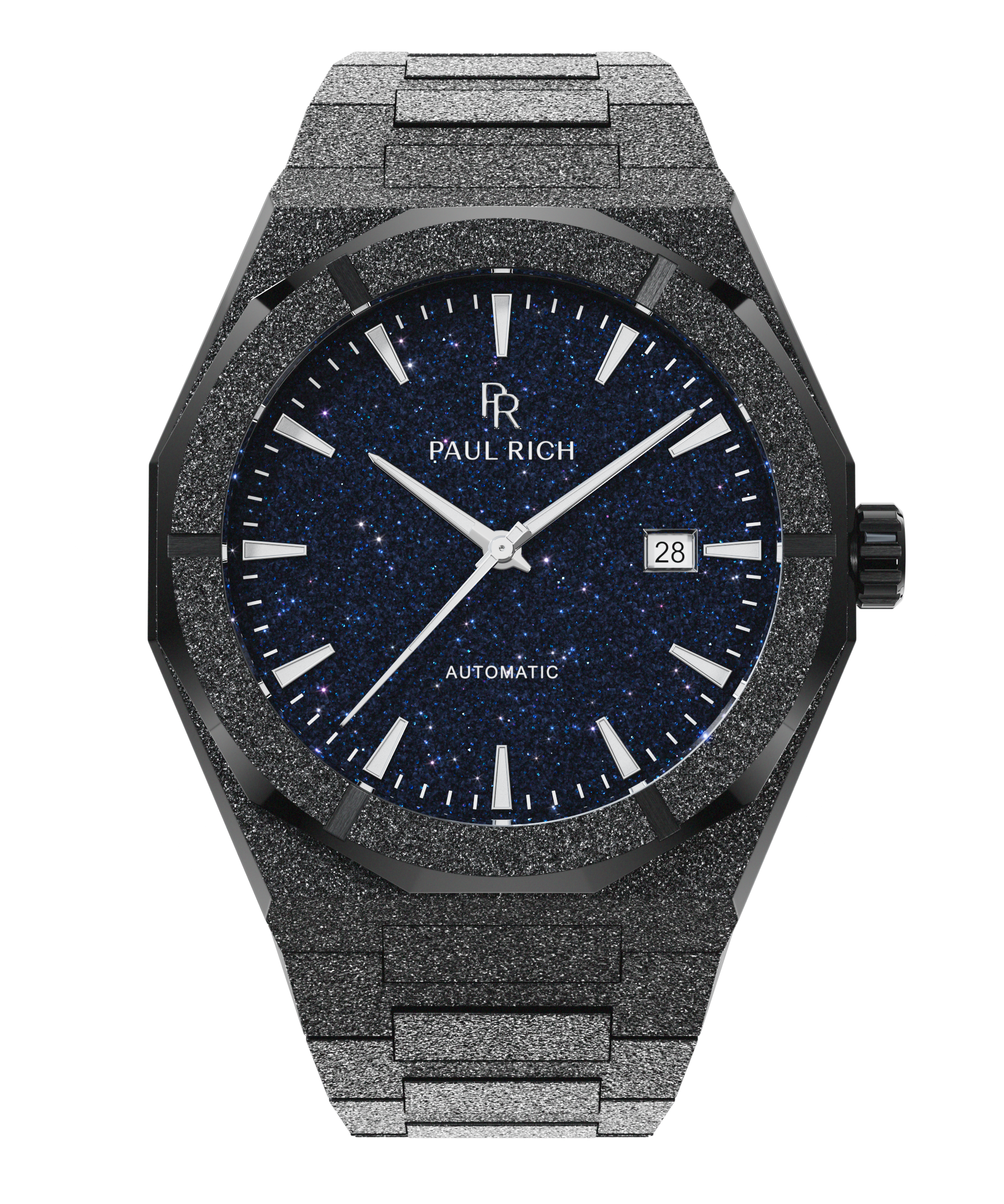 Black frosted Paul Rich watch with deep blue aventurine dial, silver hands and markers, and date display at 3 o'clock.