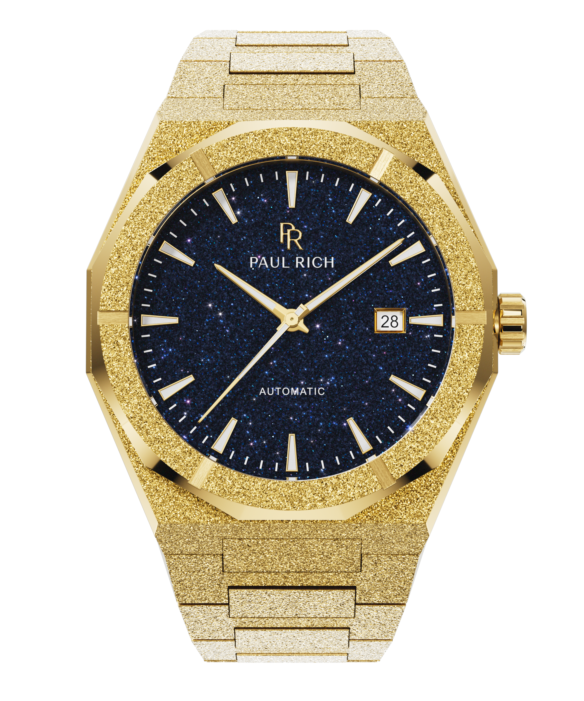 Gold frosted Paul Rich watch with deep blue aventurine dial, gold hands and markers, date window at 3 o'clock, “Automatic” label.