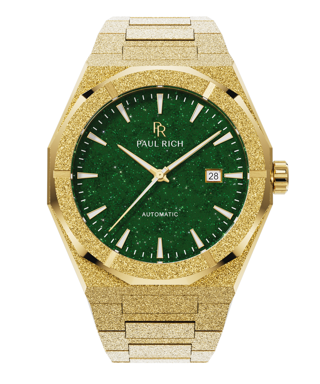 Gold frosted watch with green aventurine dial, gold hands and markers, date window at 3 o'clock, Paul Rich branding centered.