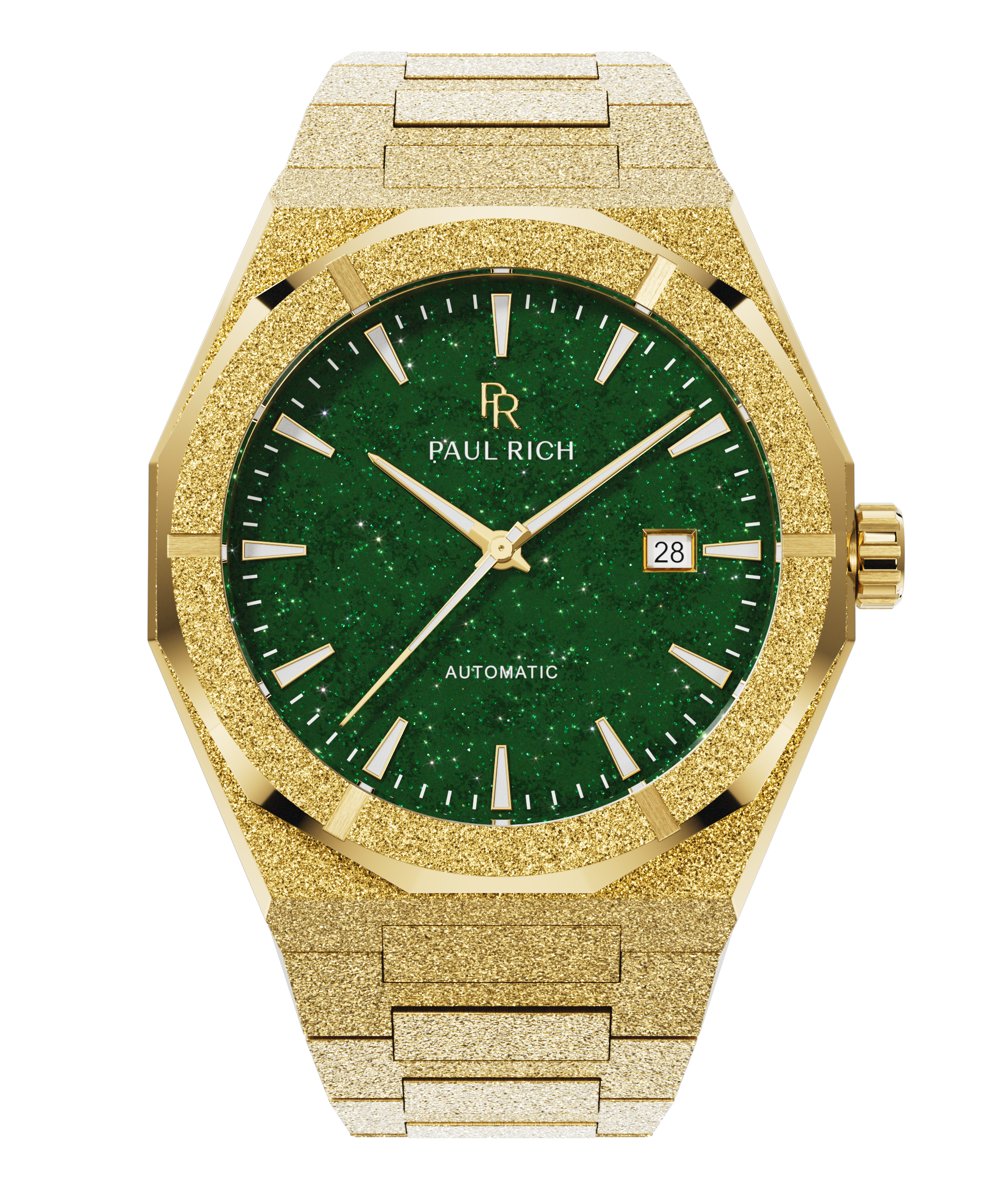 Gold frosted watch with green aventurine dial, gold hands and markers, date window at 3 o'clock, Paul Rich branding centered.