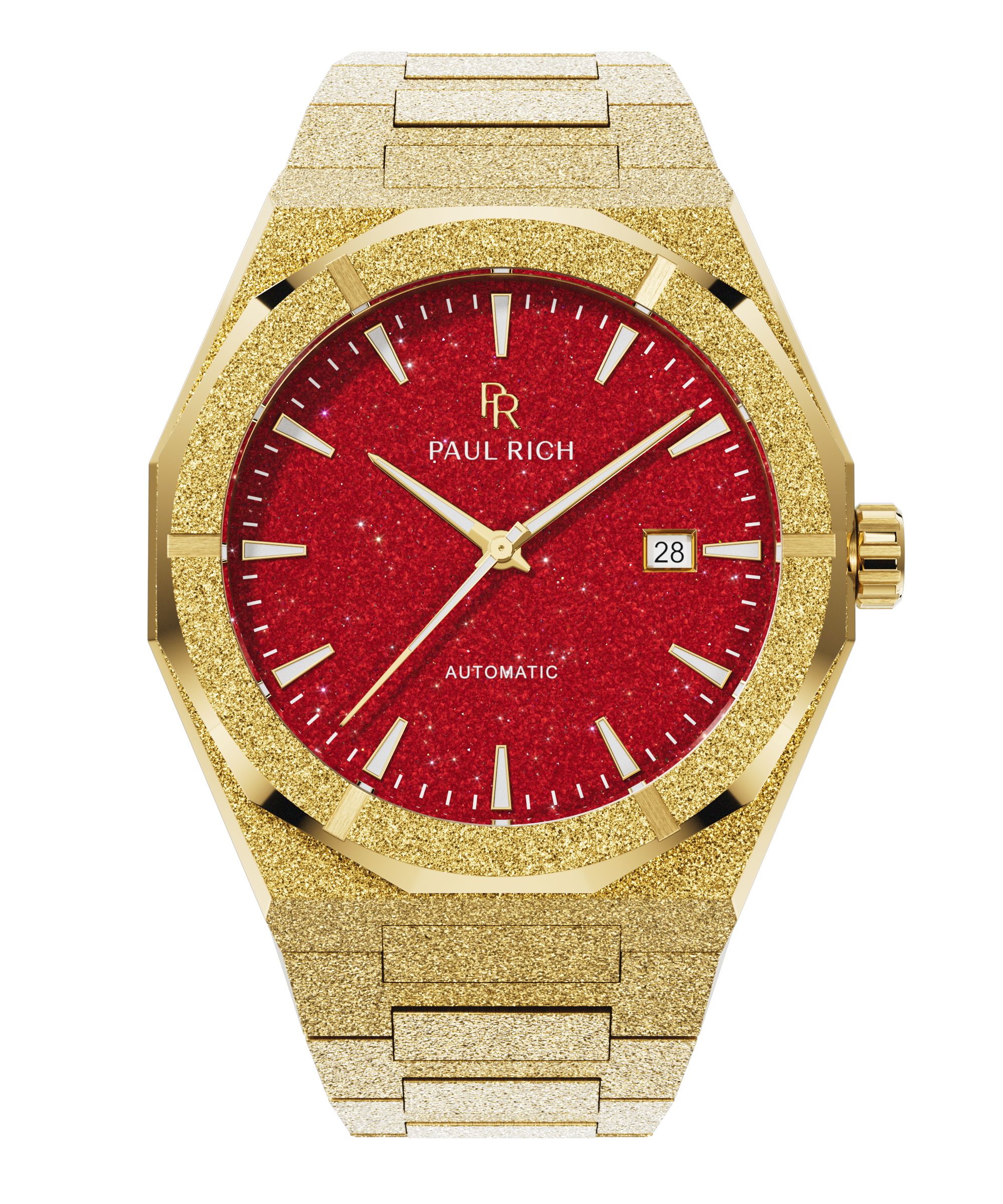 Gold frosted watch with red aventurine dial, gold hands and markers, date window at 3 o'clock, Paul Rich logo at center.