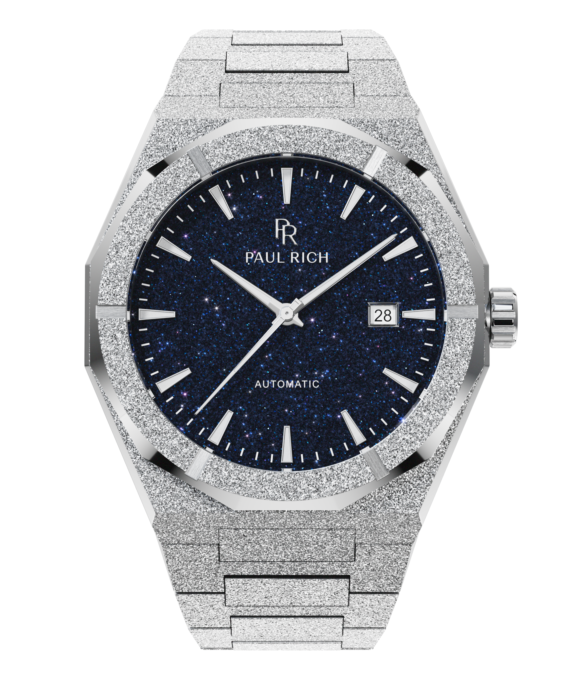 Silver frosted Paul Rich watch with deep blue aventurine dial, silver markers and hands, and date window at 3 o'clock.