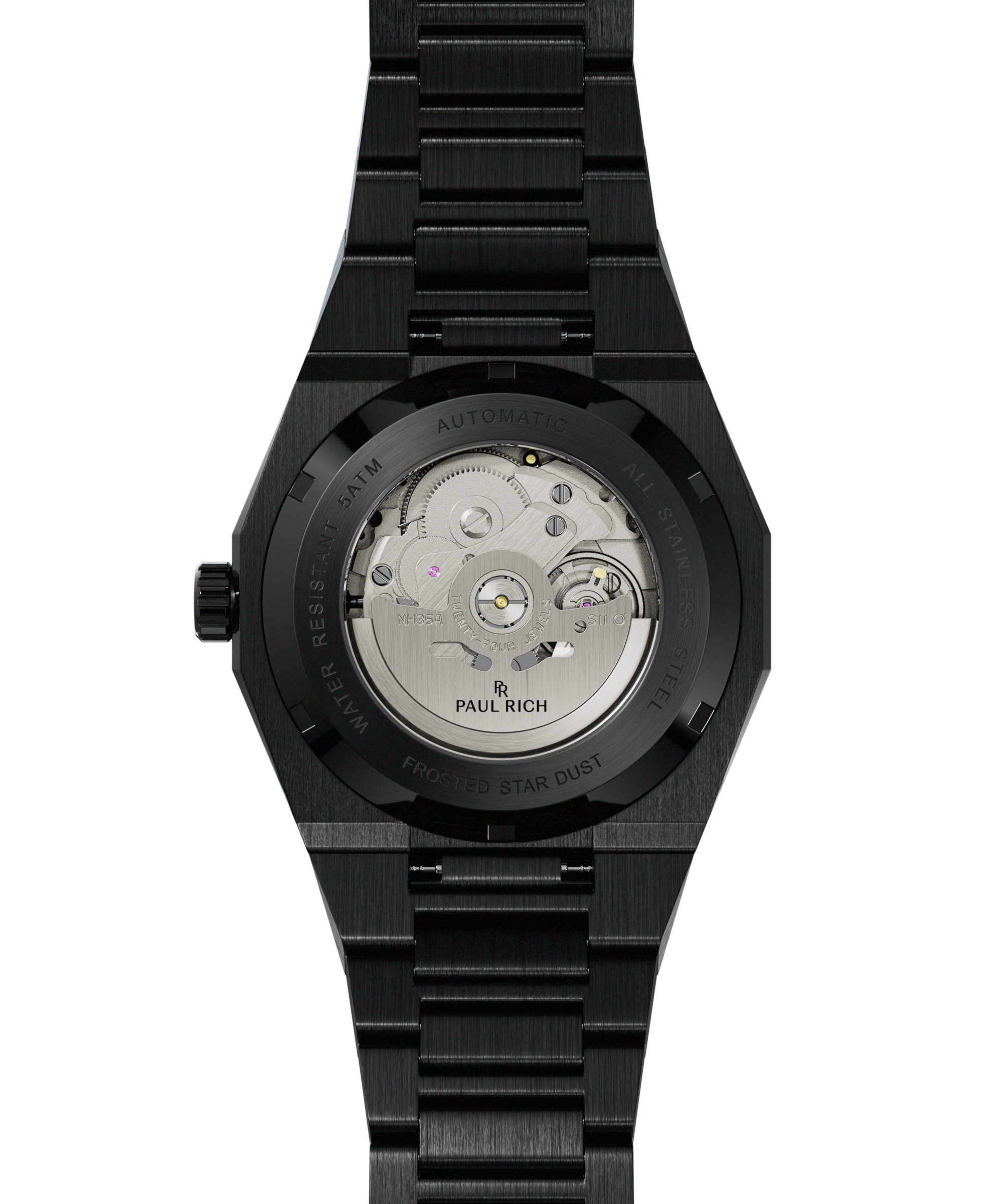 Back of black Paul Rich watch with see-through caseback, engraved with “Automatic,” “5 ATM,” “Stainless Steel,” and “Frosted Star Dust.”