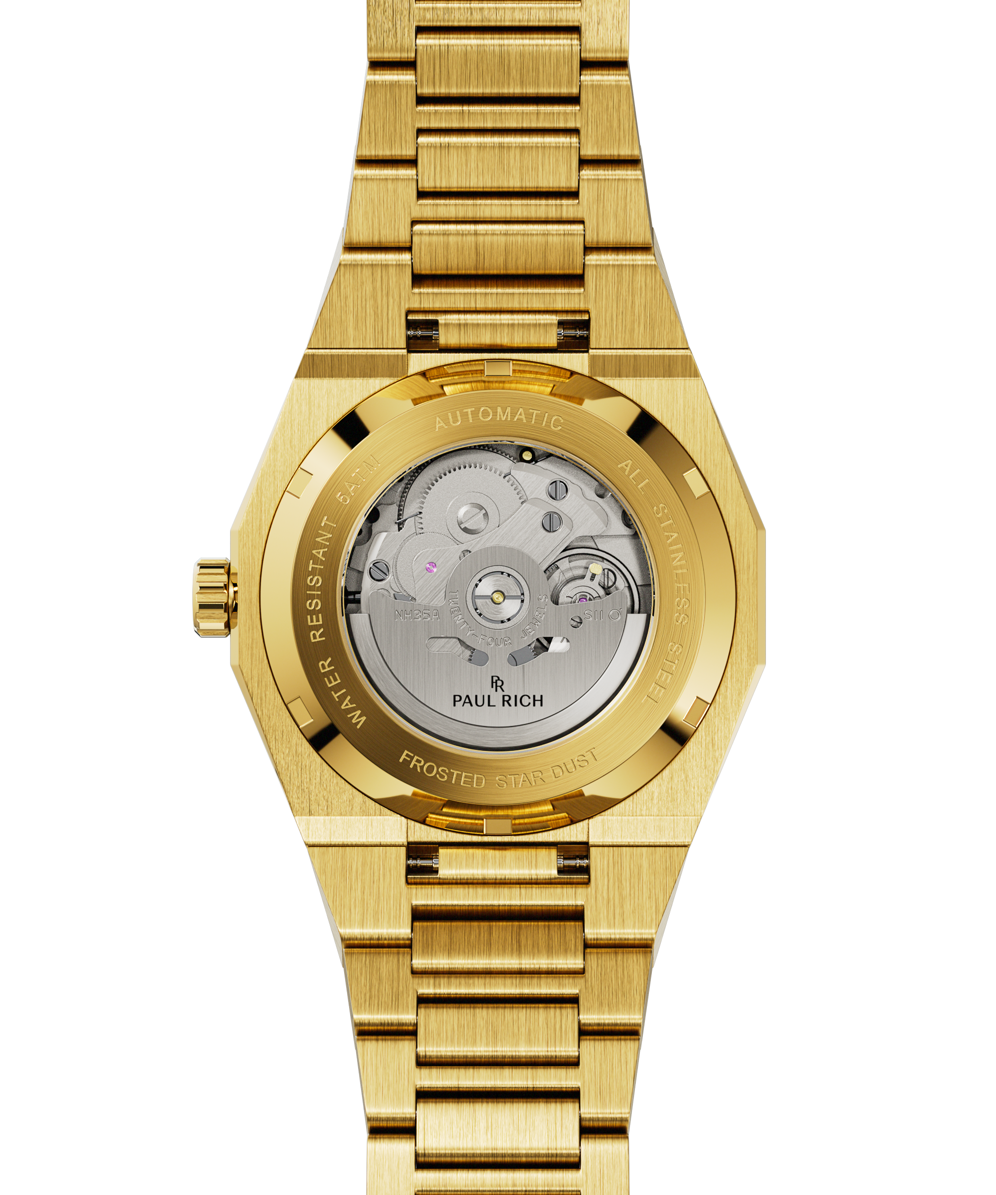 Gold watch caseback showing exposed automatic movement with “Paul Rich” logo and “Frosted Star Dust” engraved on the rim.