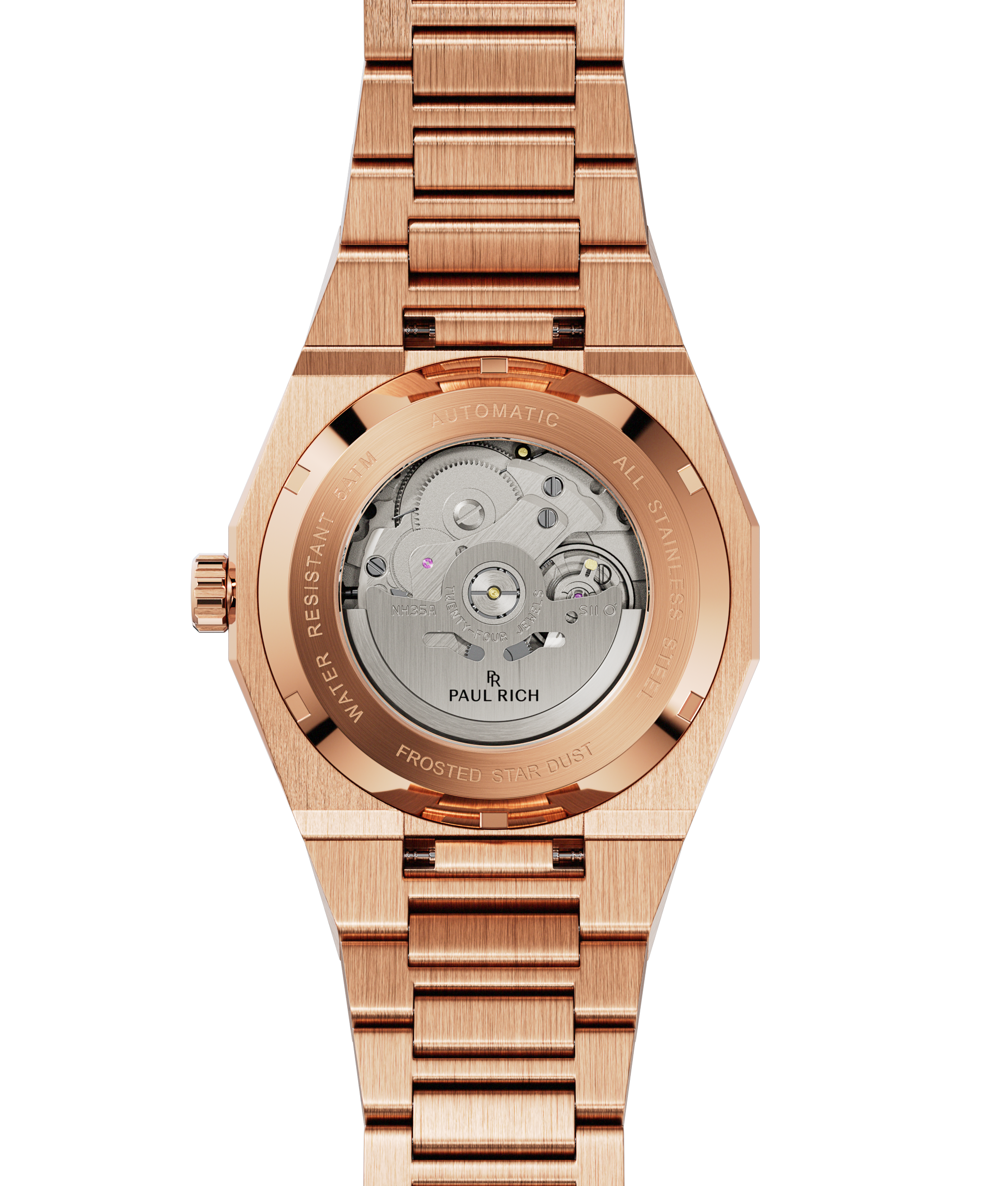 Back of rose gold Paul Rich watch with sapphire caseback showing automatic movement and “Frosted Star Dust” engraved on rim.