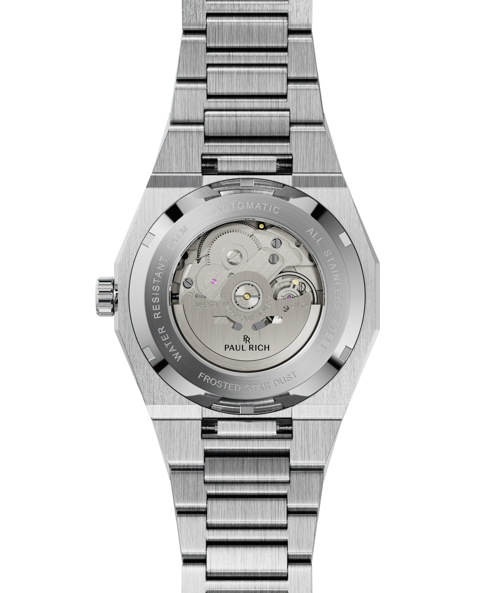 Back view of Paul Rich Frosted Star Dust watch with brushed steel bracelet and open caseback revealing automatic movement.