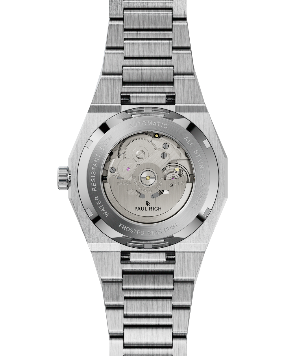 Back view of Paul Rich Frosted Star Dust watch with brushed steel bracelet and open caseback revealing automatic movement.