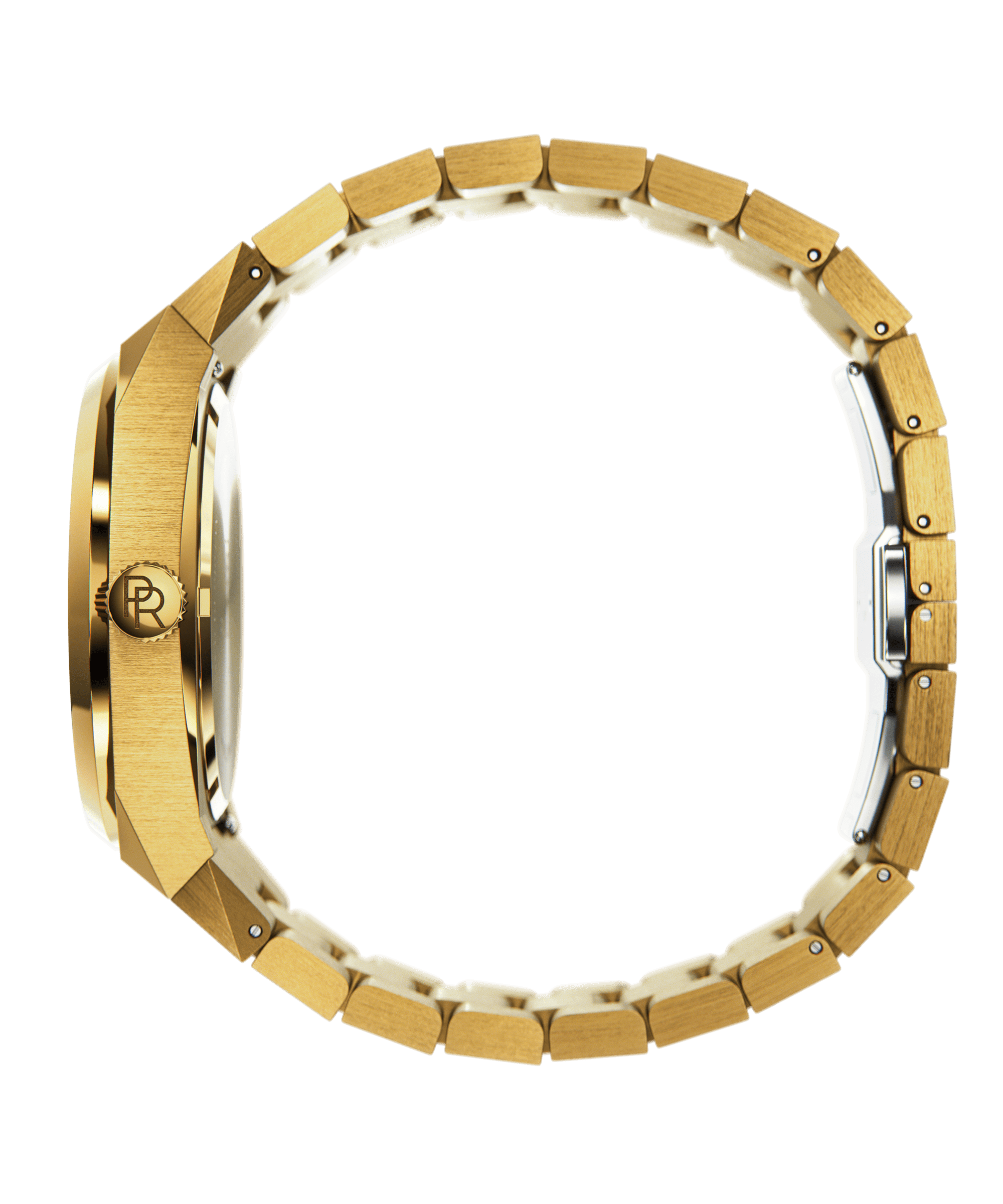 Side view of Paul Rich watch with round brushed gold case, PR monogram crown, and closed gold stainless steel bracelet, shown on transparent background.