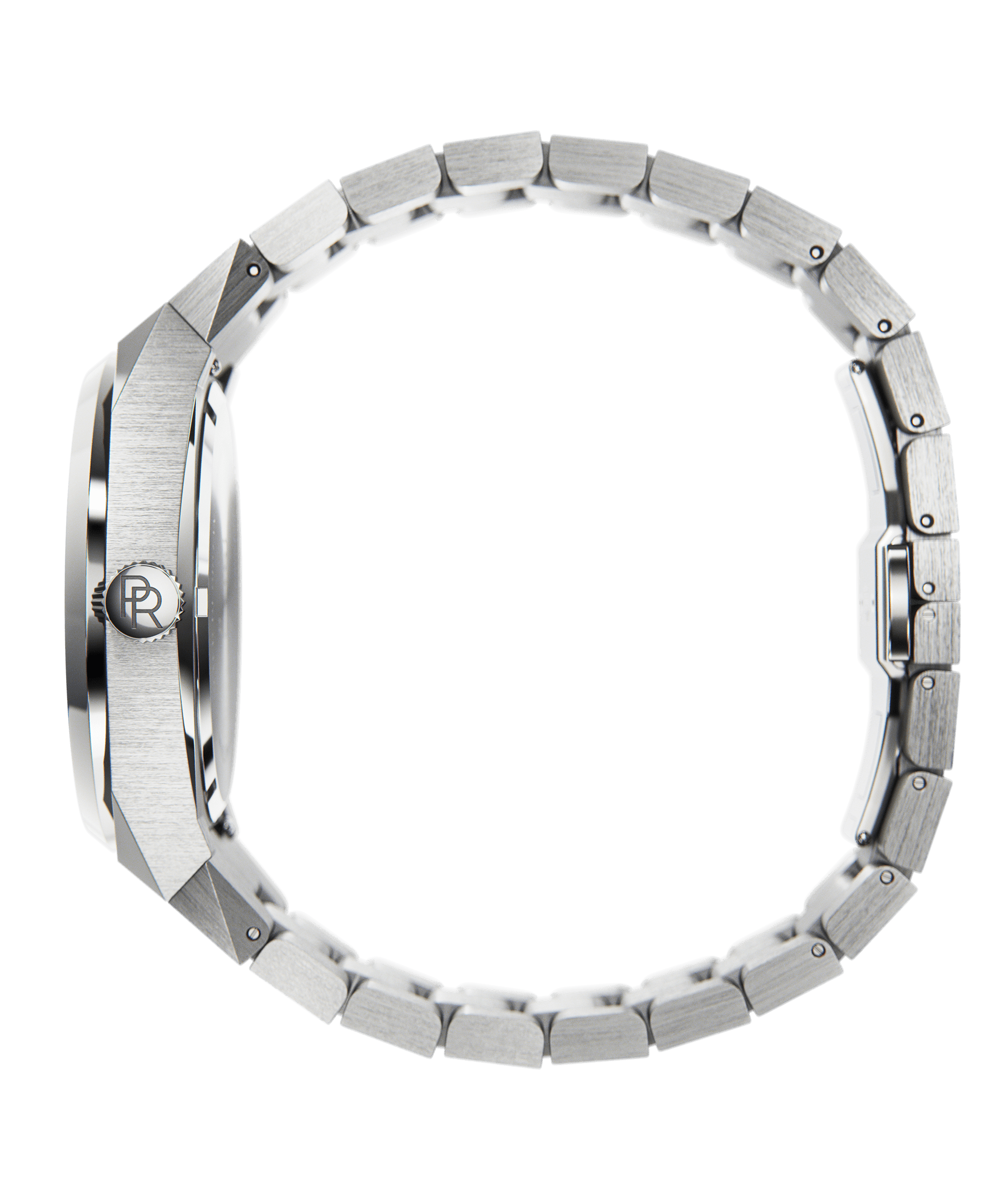 Side view of Paul Rich watch with round brushed silver case, PR monogram crown, and closed stainless steel bracelet, shown on transparent background.
