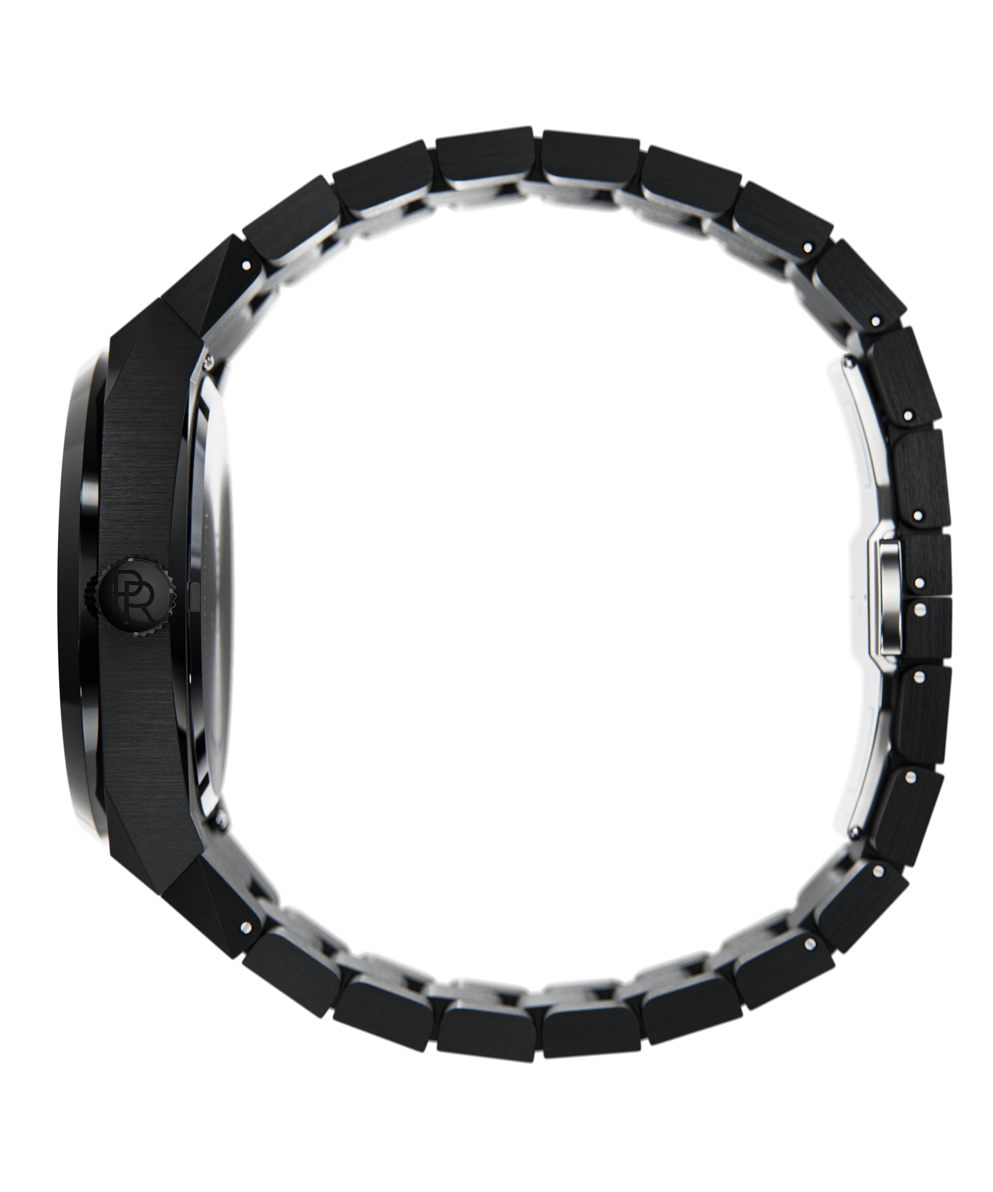 Side view of Paul Rich brushed black watch with PR monogram crown and full black link bracelet, shown on transparent background.