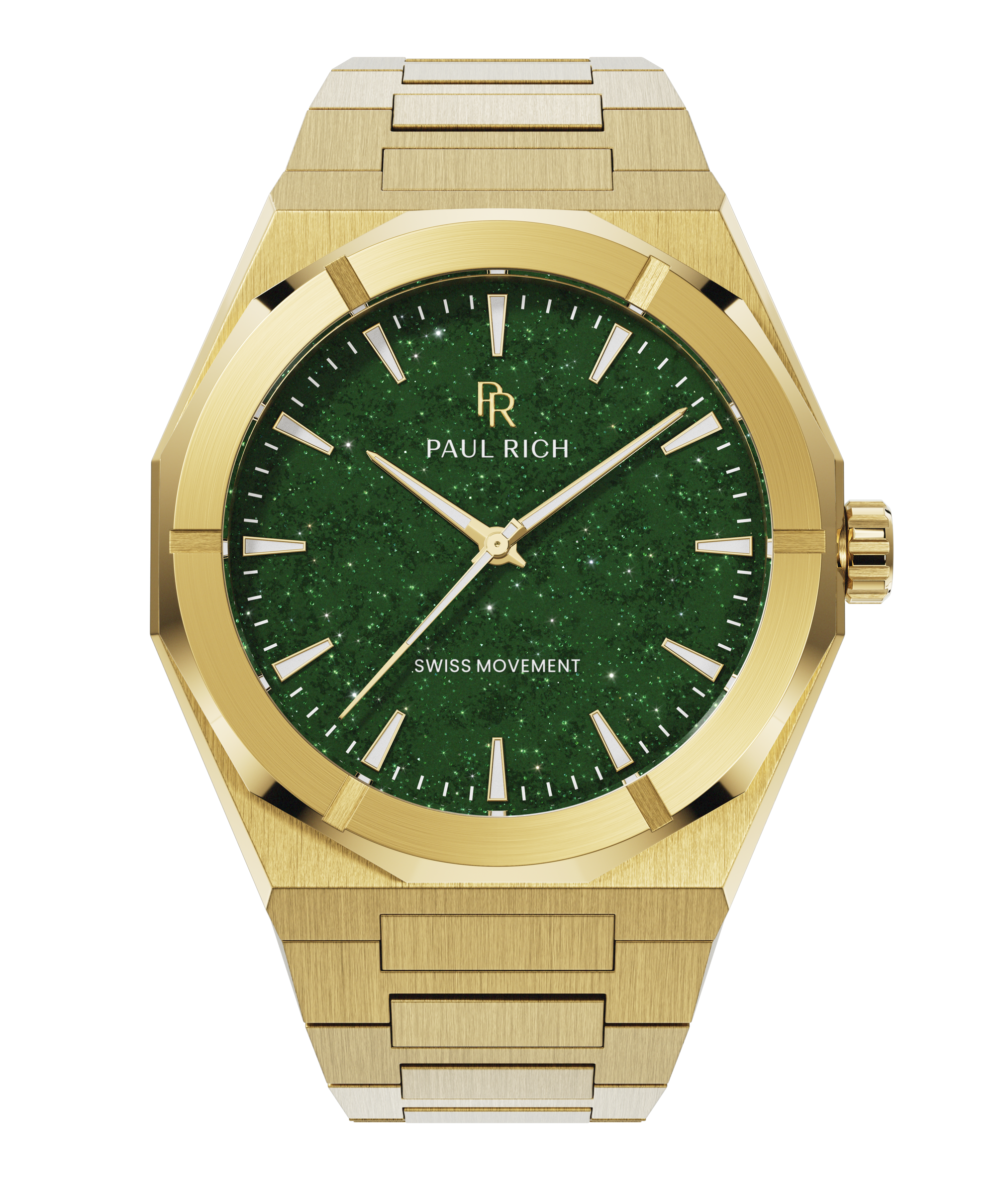 Gold Paul Rich watch with a shimmering green aventurine dial, shown on a transparent background with brushed gold bracelet and case.