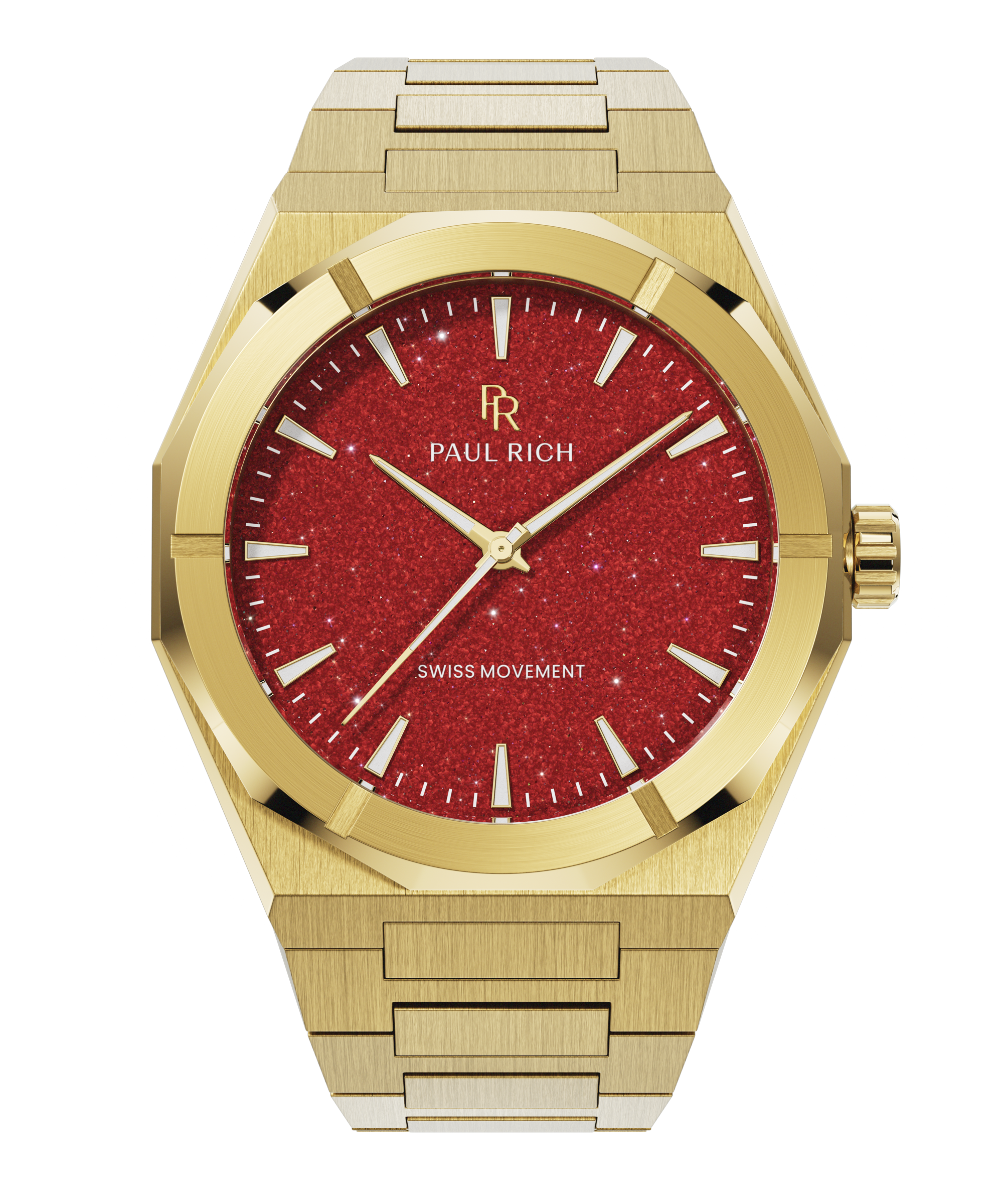 Gold Paul Rich watch with a shimmering red aventurine dial, shown on a transparent background with brushed gold bracelet and case.