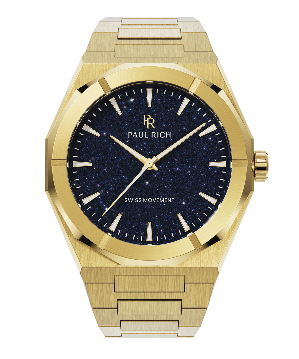 Gold Paul Rich watch with a deep blue aventurine dial, shown on a transparent background with brushed gold case and bracelet.