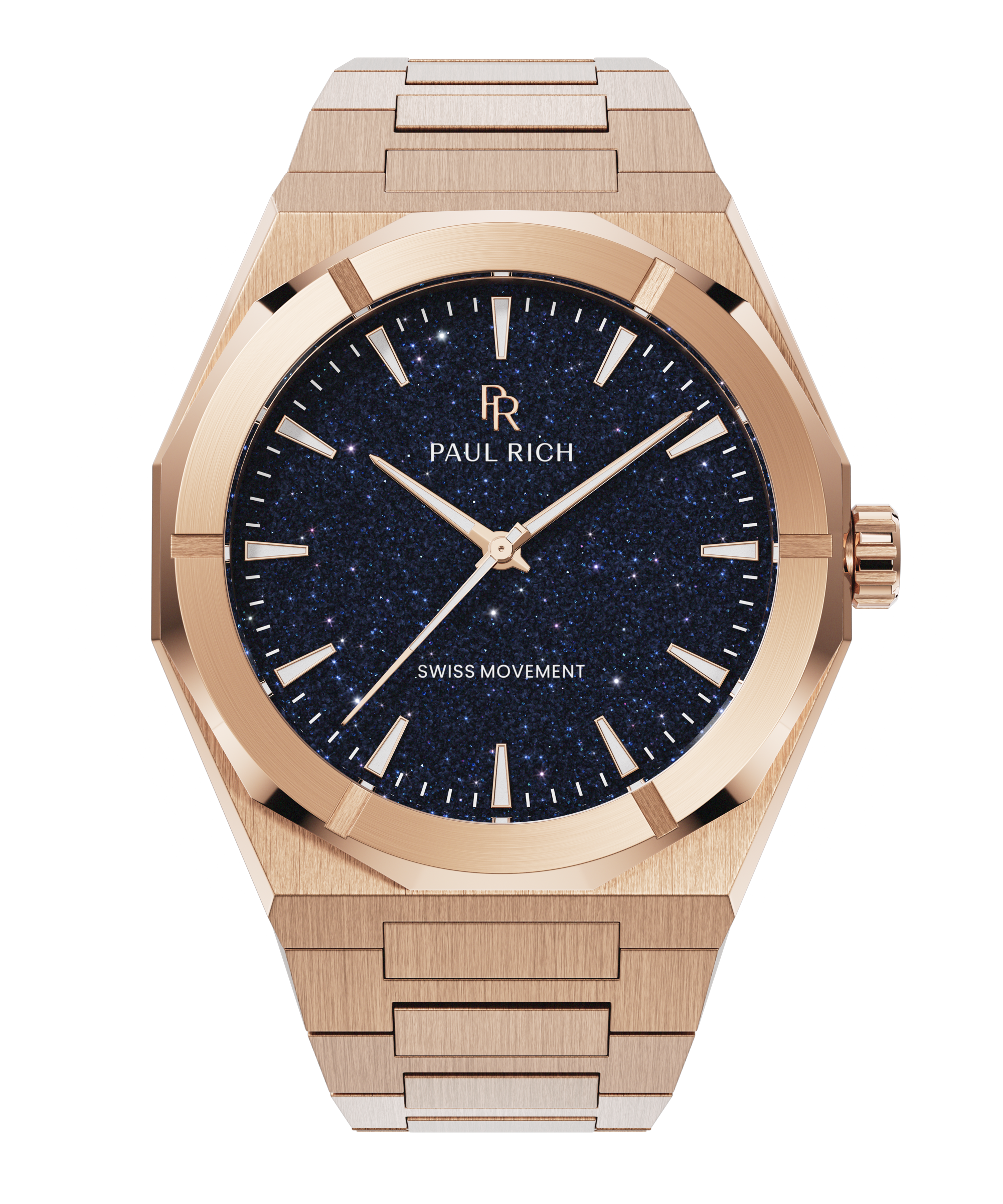 Rose gold Paul Rich watch with a deep blue aventurine dial, shown on a transparent background with brushed metal case and bracelet.