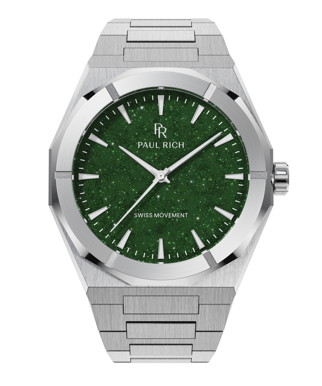 Silver Paul Rich watch with a shimmering green aventurine dial, shown on a transparent background with brushed steel case and bracelet.
