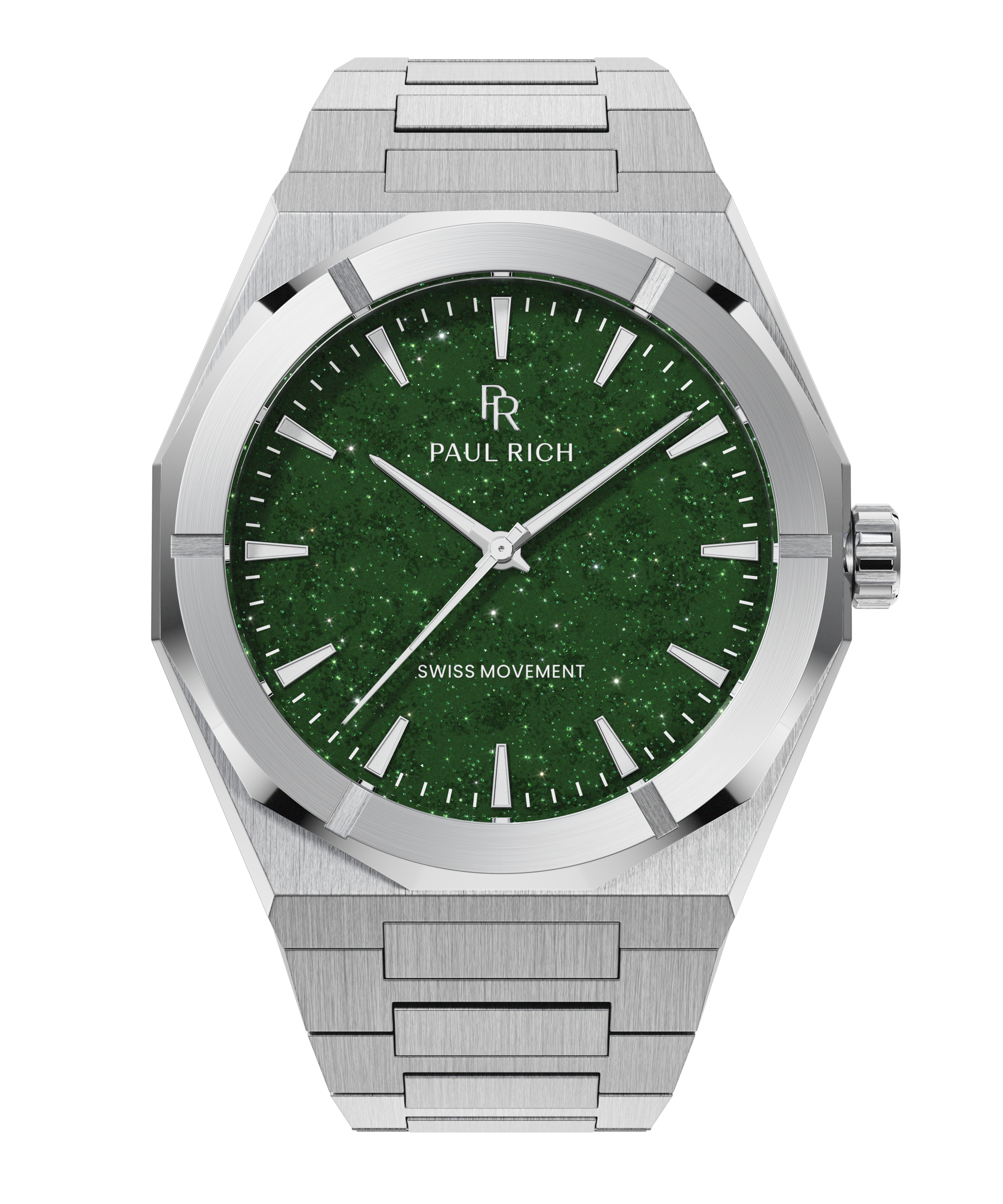 Silver Paul Rich watch with a shimmering green aventurine dial, shown on a transparent background with brushed steel case and bracelet.