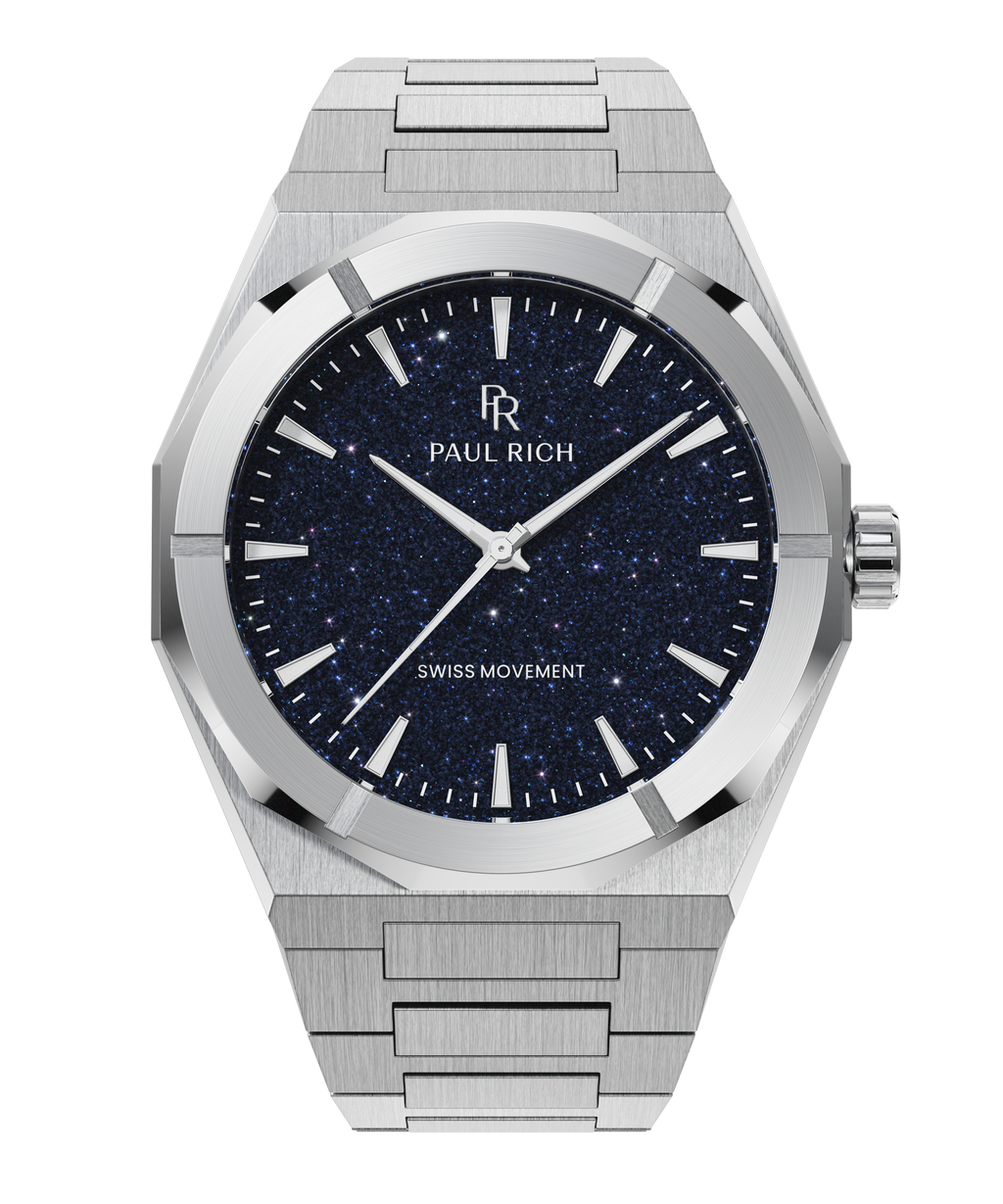 Silver watch with brushed steel bracelet and a blue aventurine dial, featuring silver hour markers and Swiss Movement label.