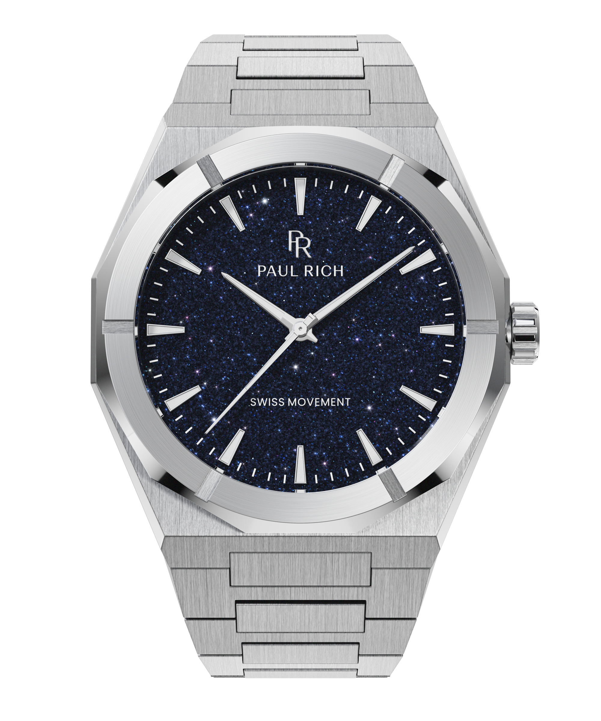 Silver watch with brushed steel bracelet and a blue aventurine dial, featuring silver hour markers and Swiss Movement label.
