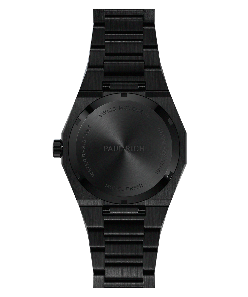 Back view of Paul Rich black brushed steel watch showing caseback with Swiss Movement and model PR88II engraved.