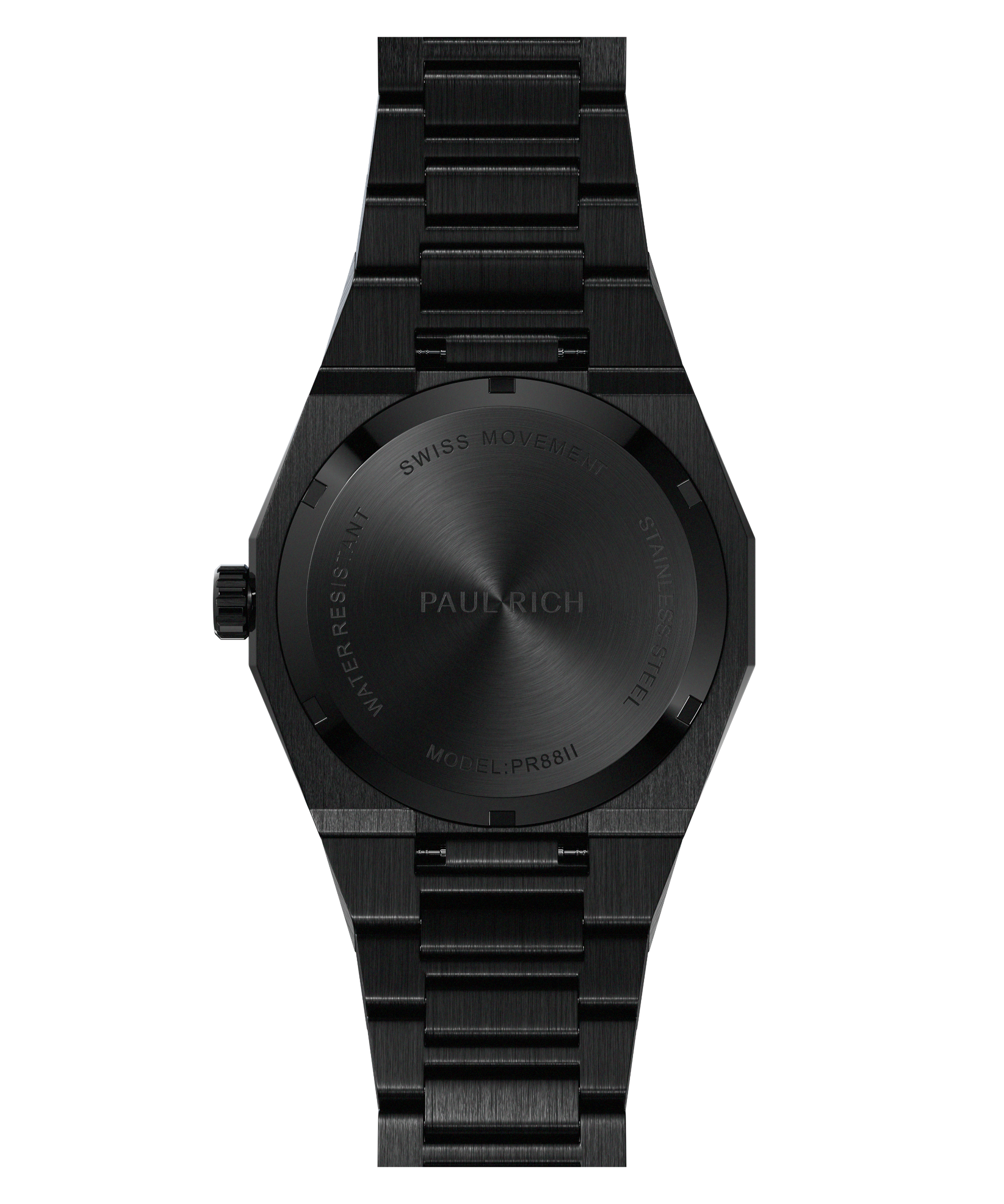 Back view of Paul Rich black brushed steel watch showing caseback with Swiss Movement and model PR88II engraved.