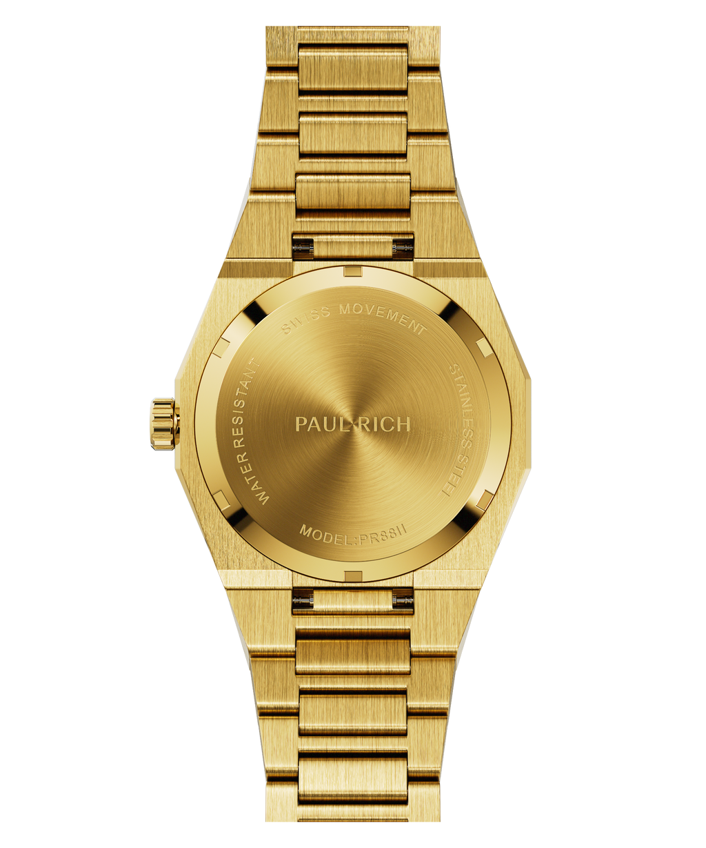 Back view of Paul Rich gold watch showing brushed caseback with Swiss Movement engraving and model PR88II.