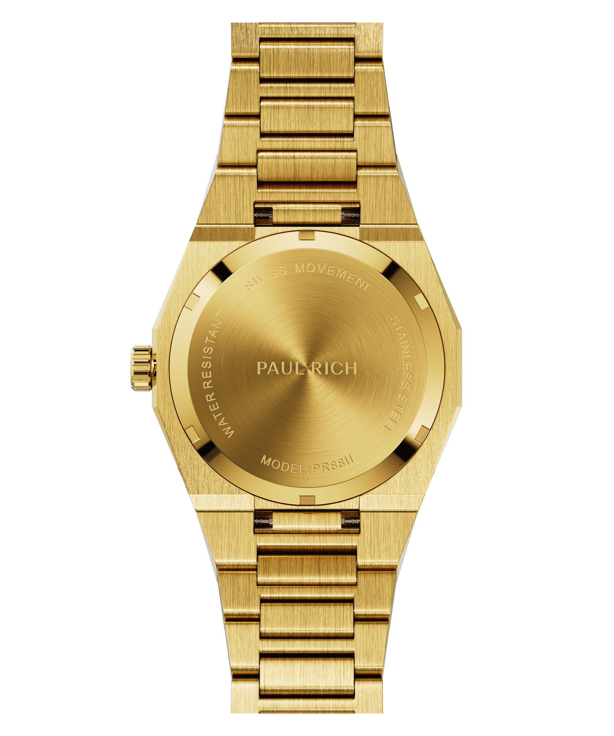 Back view of Paul Rich gold watch showing brushed caseback with Swiss Movement engraving and model PR88II.