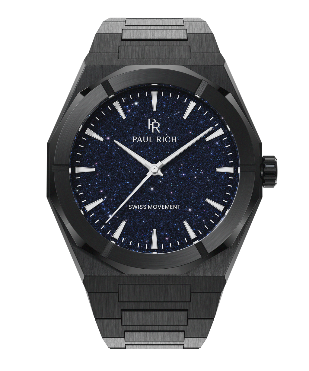 Black Paul Rich watch with a deep blue aventurine dial, shown on a transparent background with brushed black metal case and bracelet.